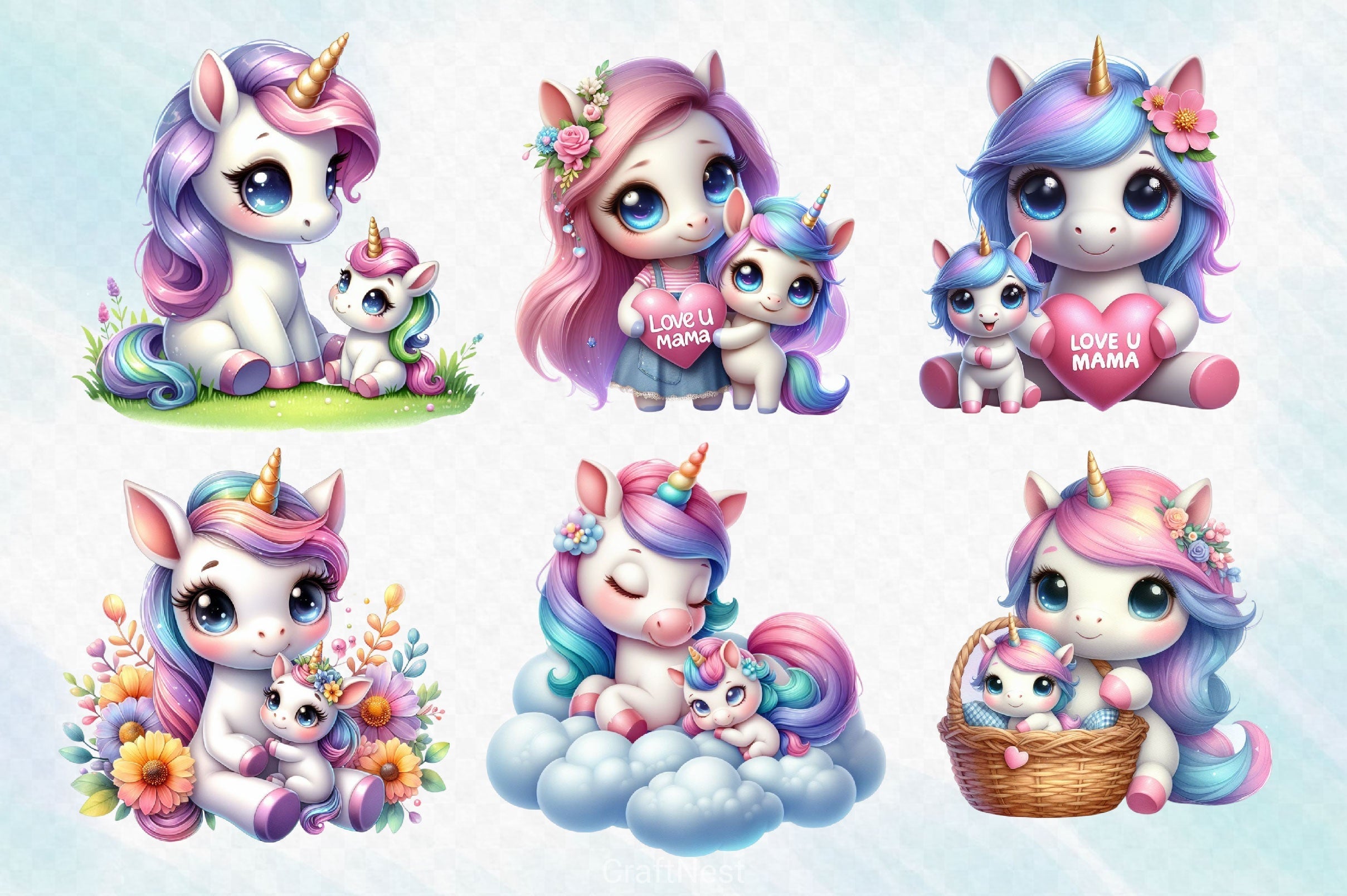 Mom And Baby Unicorn Clipart Bundle