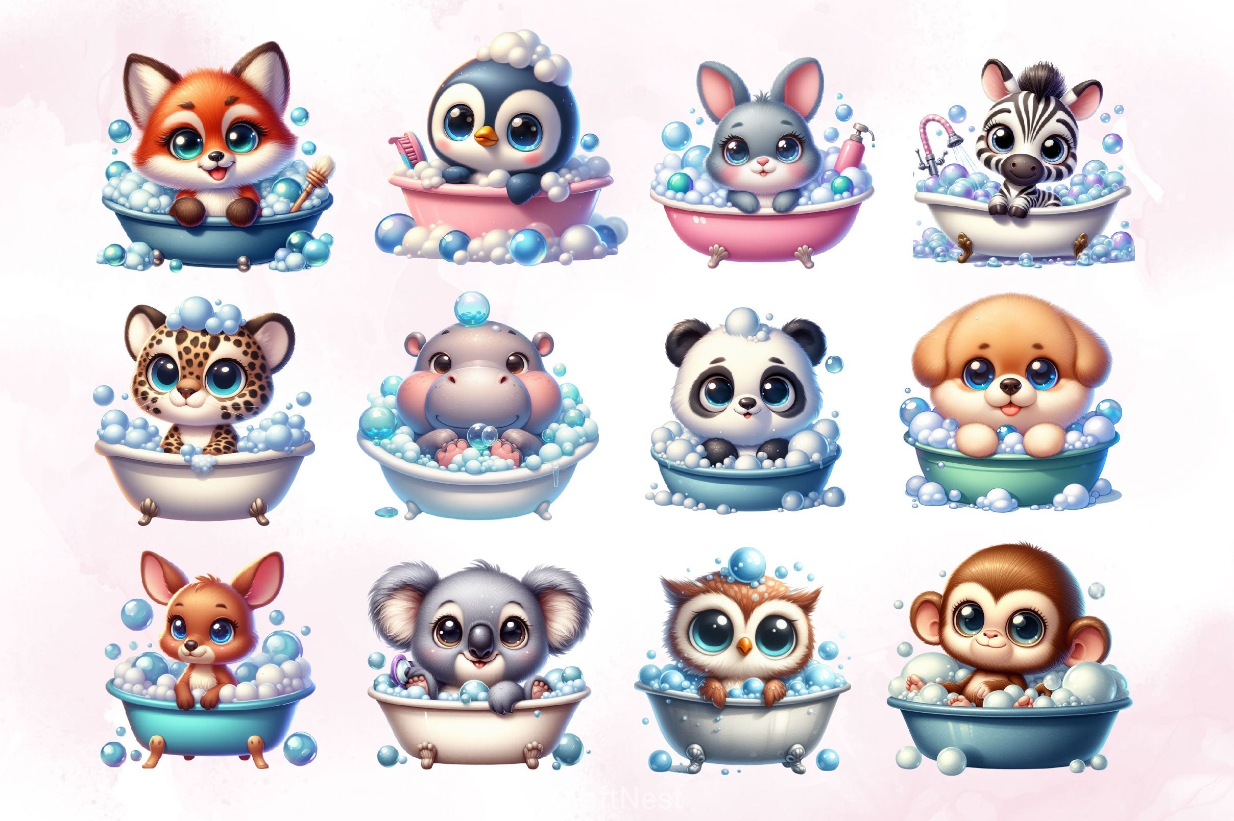 Playful Animals In Bubble Baths Clipart Bundle 2