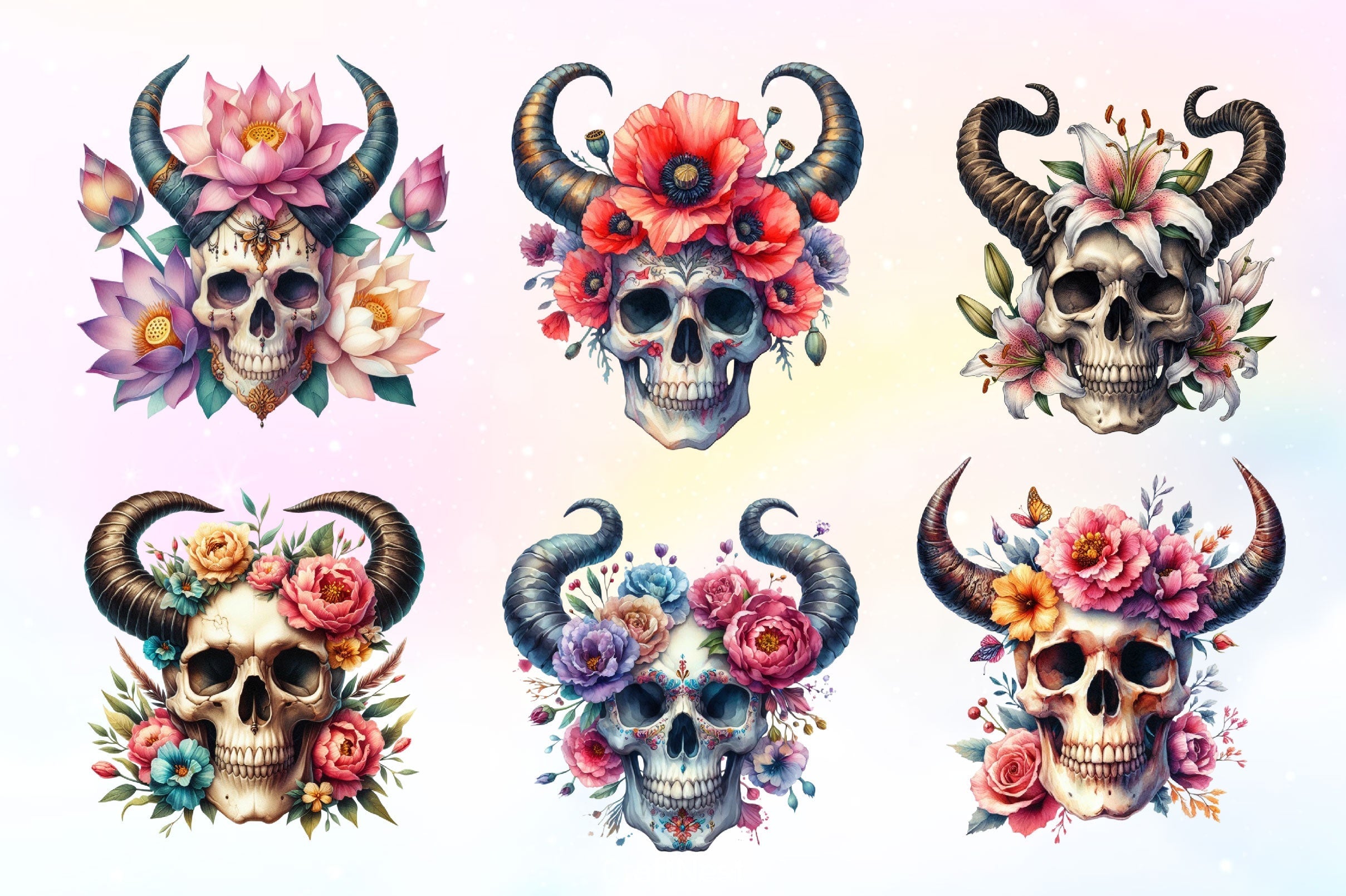 Floral Skull With Horns Clipart Bundle