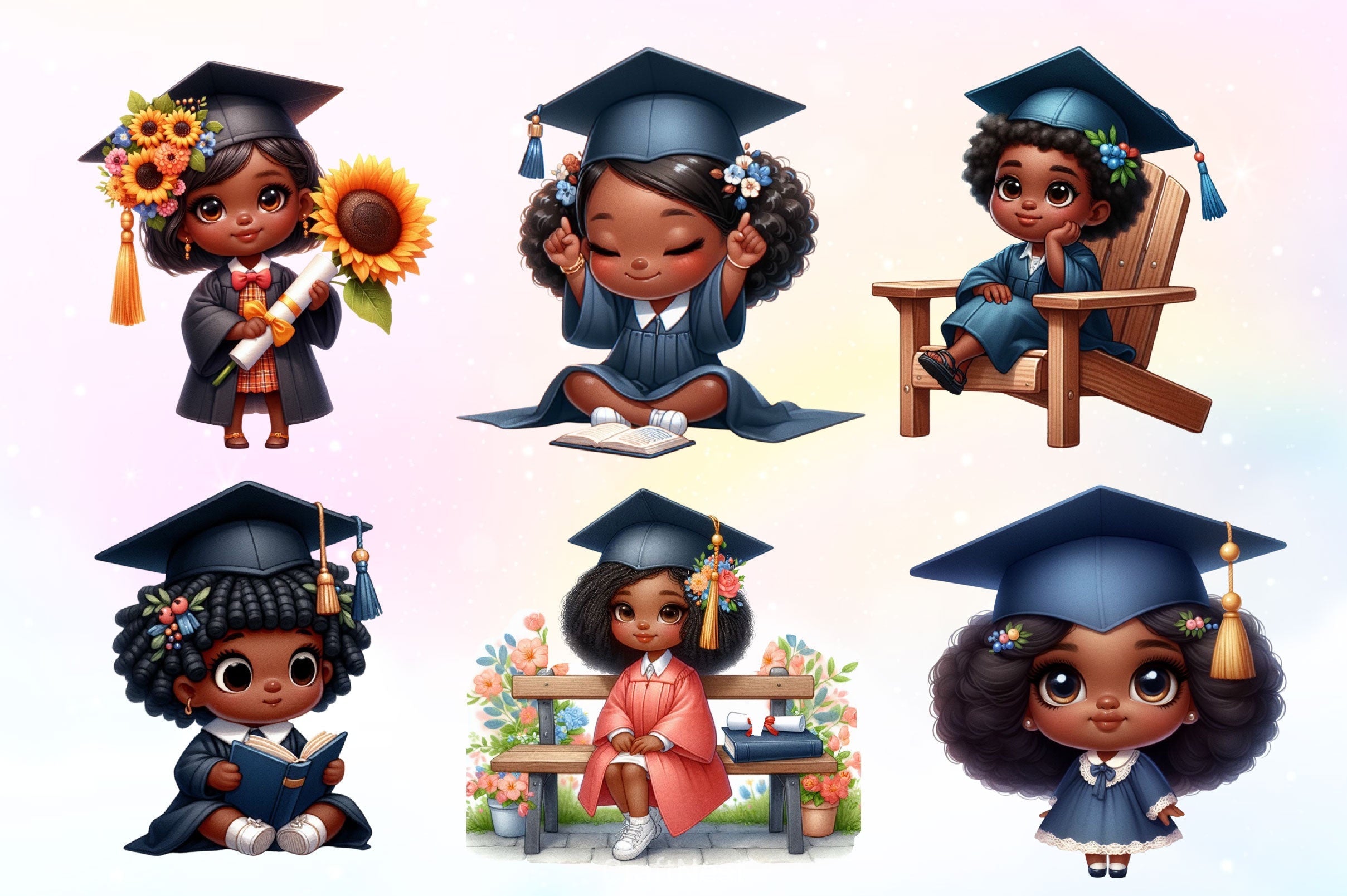 Cute Black Graduation Girl Clipart Bundle