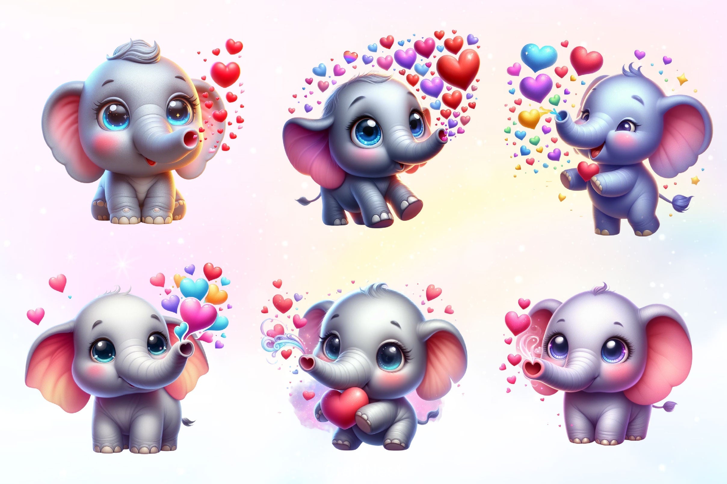 Cute Elephant Blowing Hearts Clipart Bundle