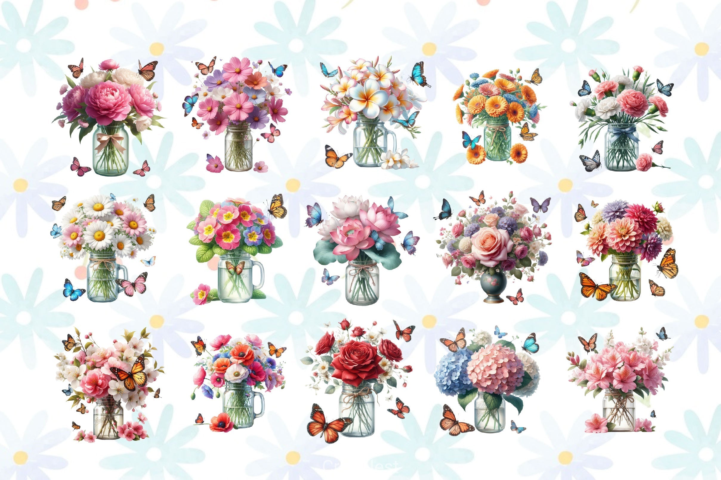 Flowers Bouquet In Mason Jar Clipart Bundle