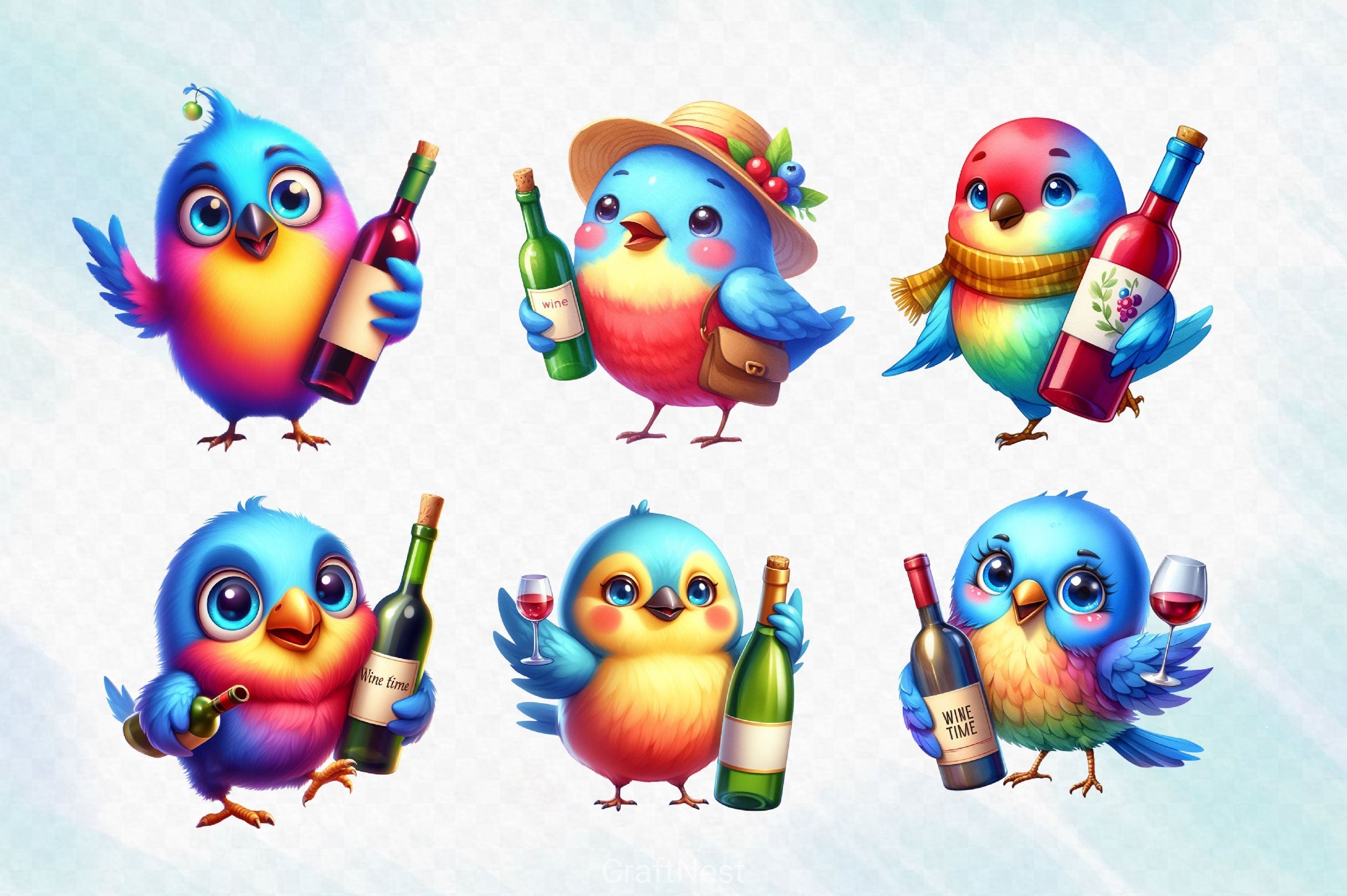 Funny Bird And Wine Clipart Bundle