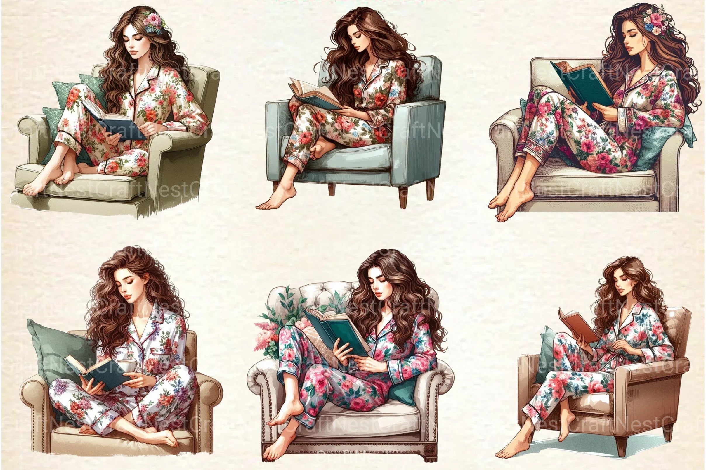 Christmas Winter Woman Reading on Sofa Clipart Bundle - CraftNest - Digital Crafting and Art