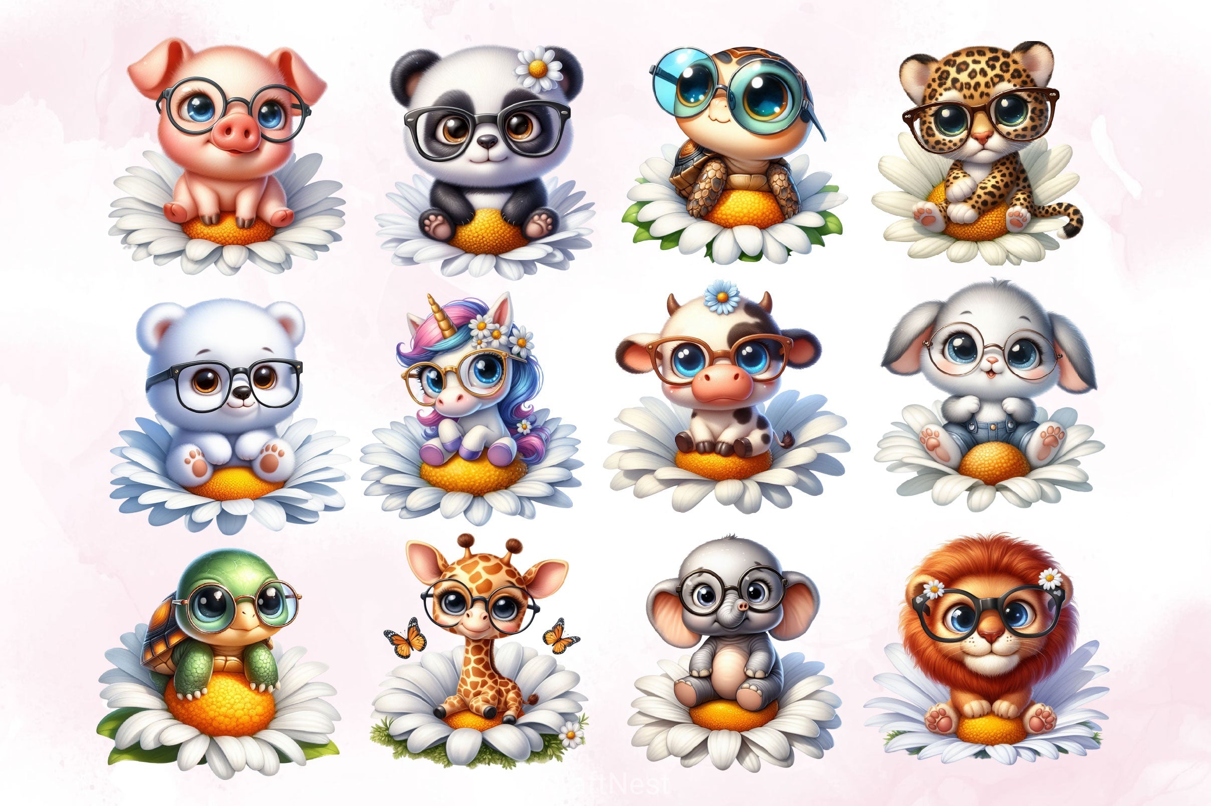 Cute Animals Sitting On Daisy Clipart Bundle
