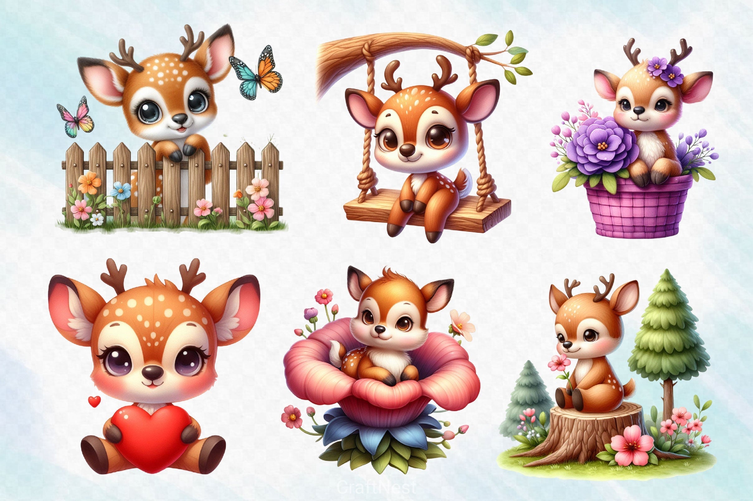 Spring Cute Deer Clipart Bundle