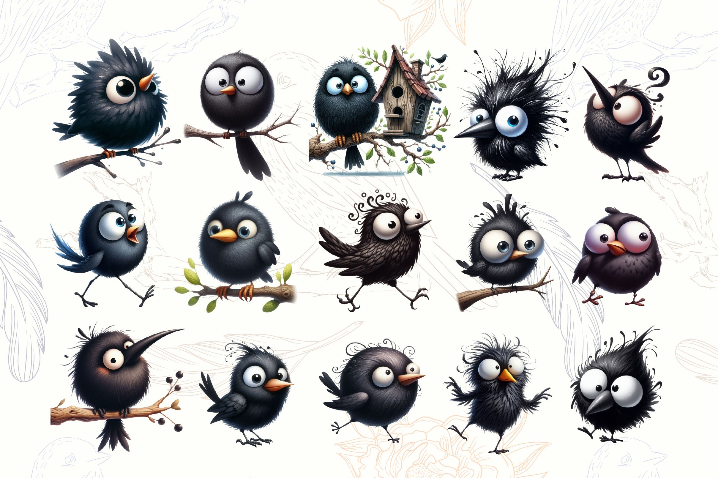 Funny Black Birds Clipart Bundle 2