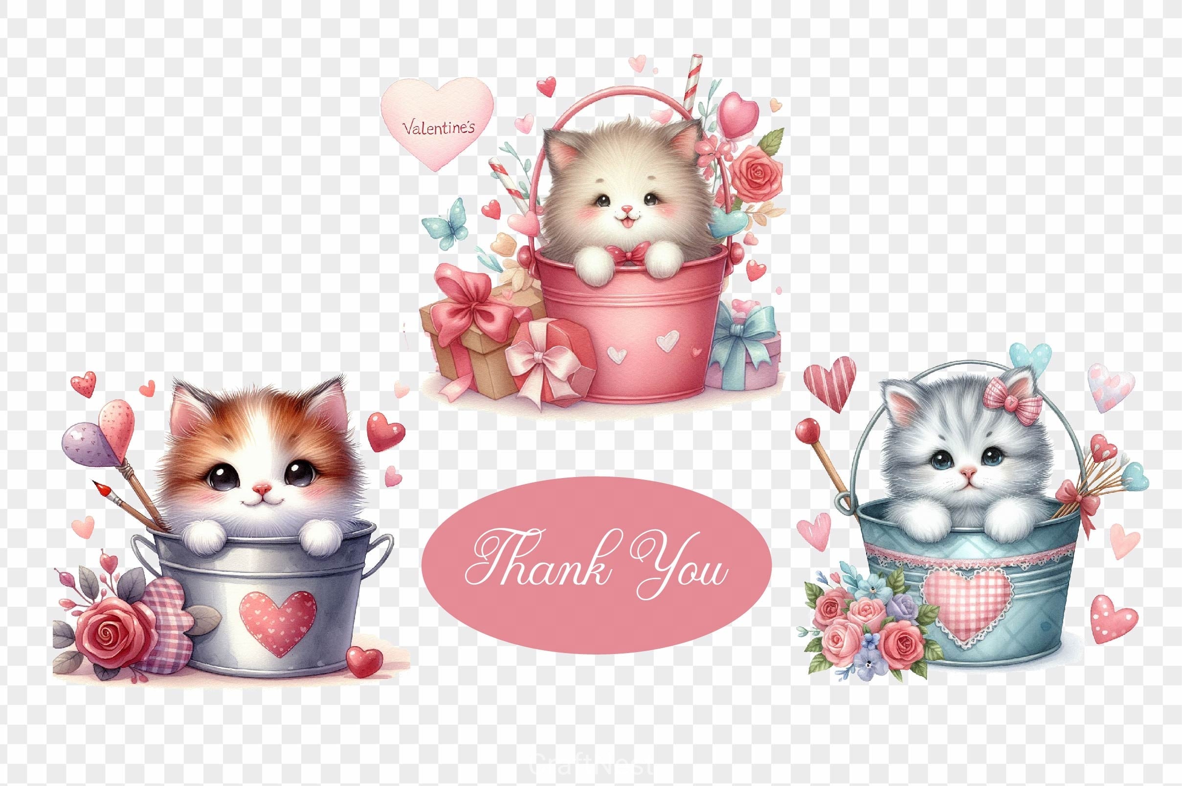 Valentine Cute Cat Basket Clipart Bundle