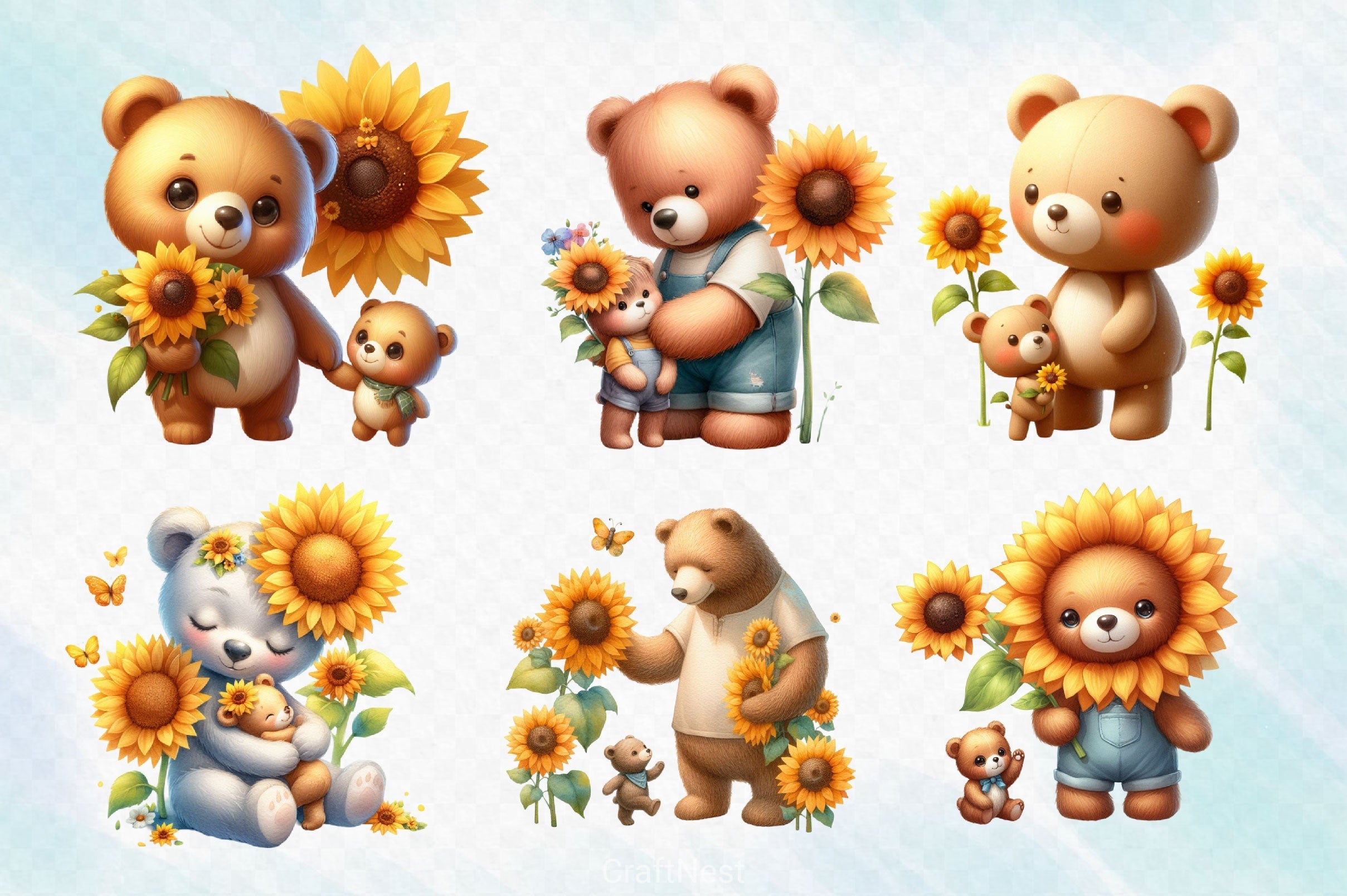 Sunflower Mama And Baby Bear Clipart Bundle 2