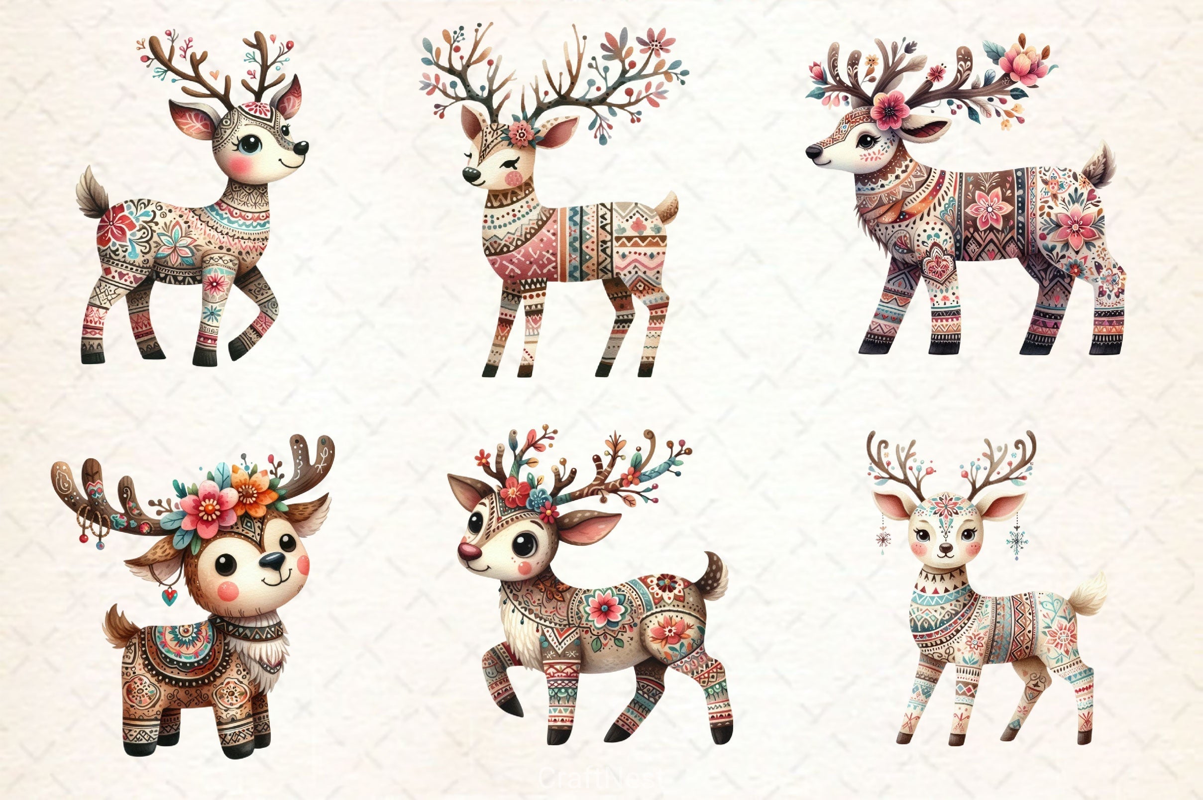 Christmas Boho Reindeer Clipart Bundle