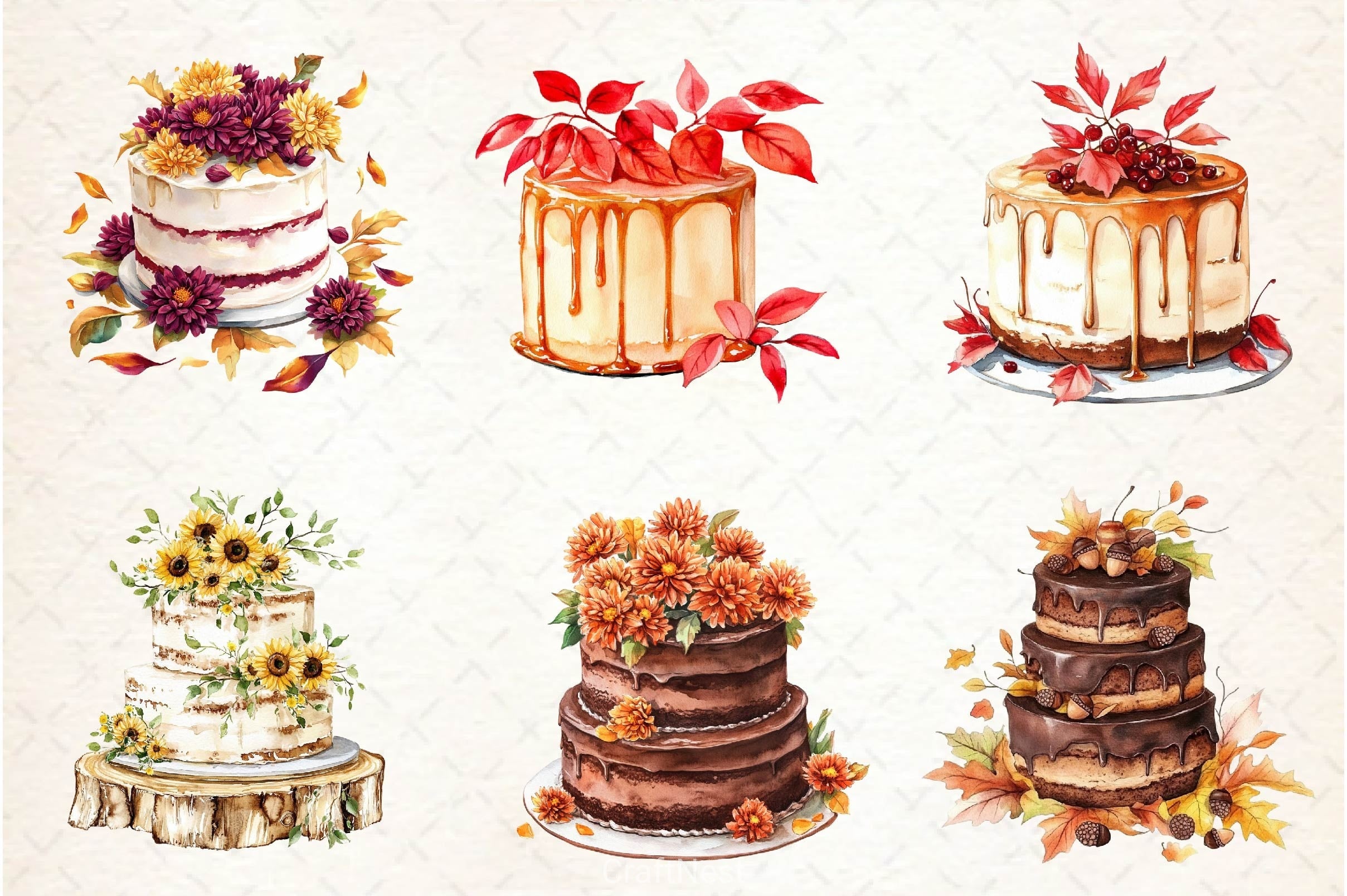 Autumn Wedding Cake Clipart Bundle