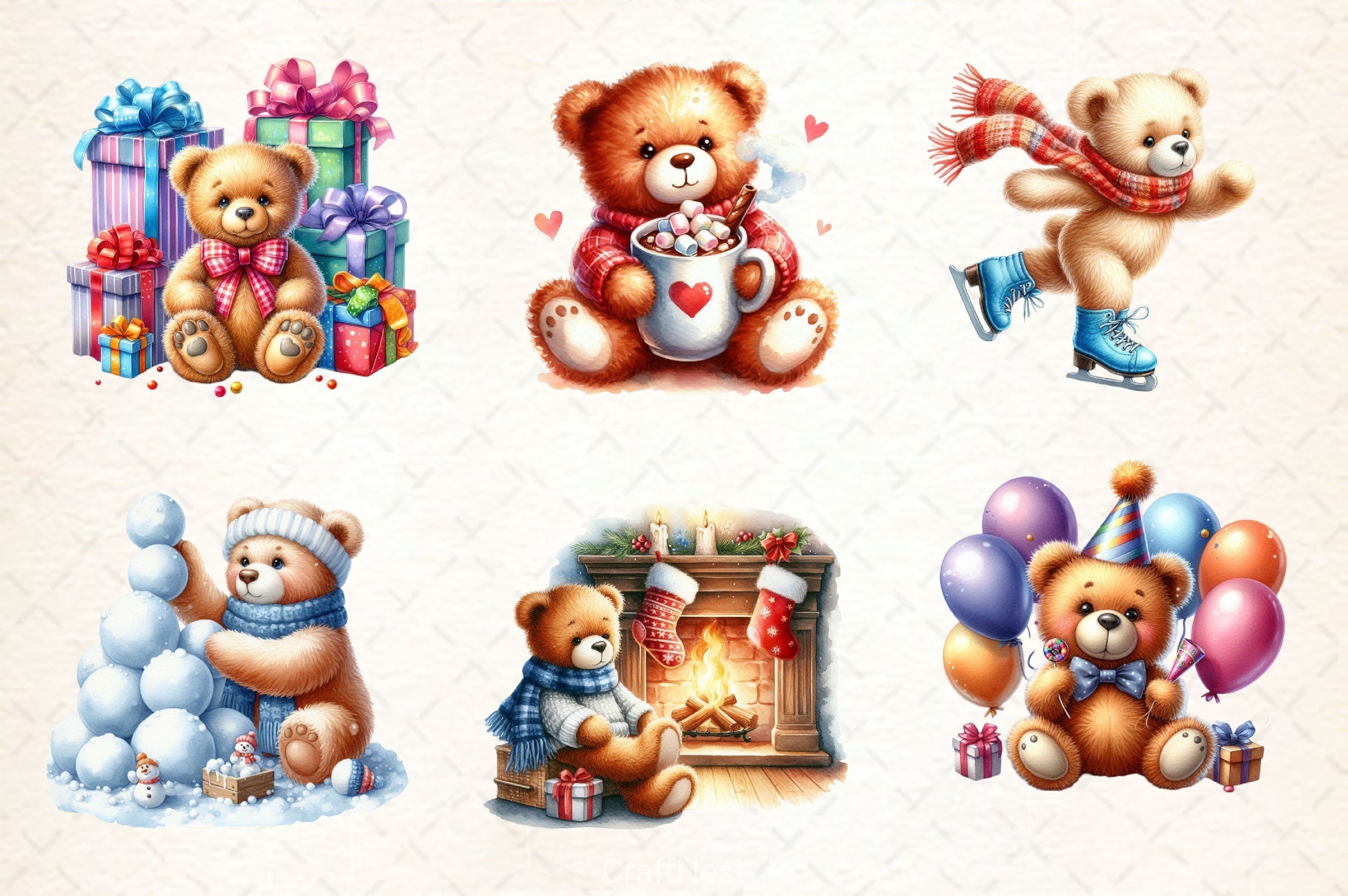 Festive Holiday Teddy Bear Clipart Bundle