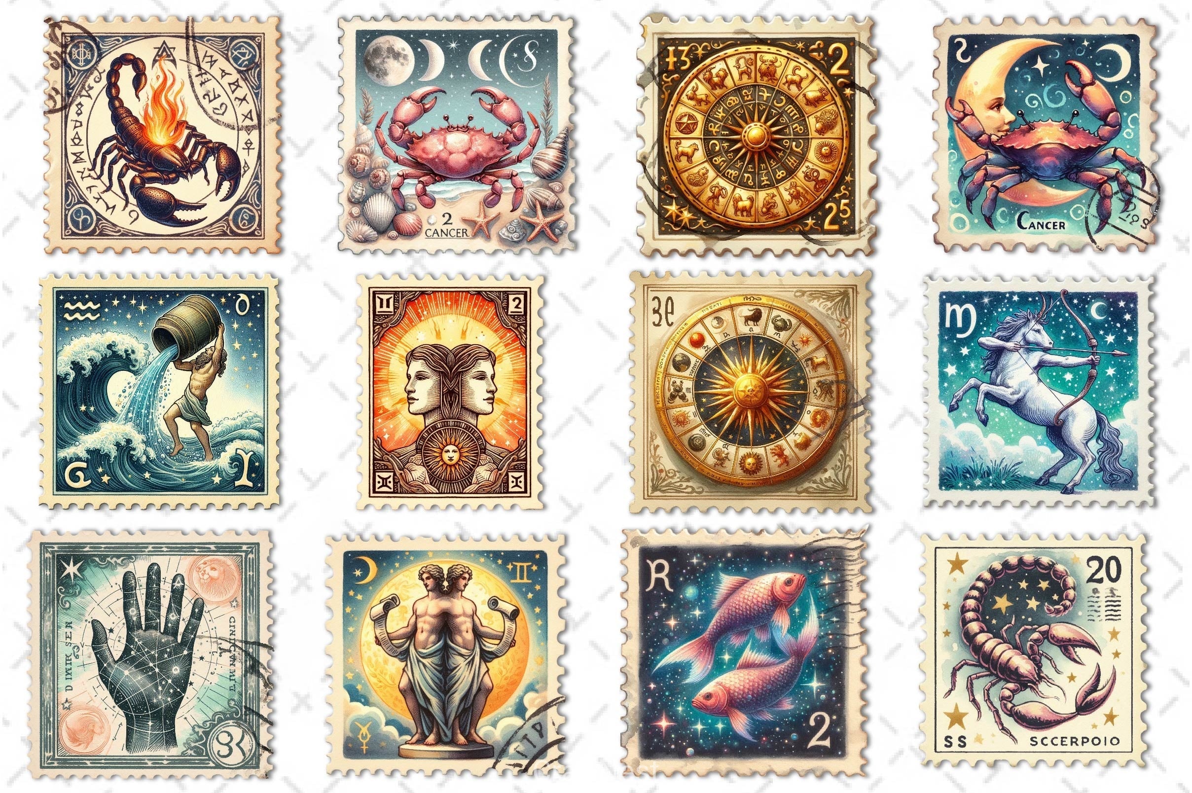 Zodiac Postage Stamp Clipart Bundle