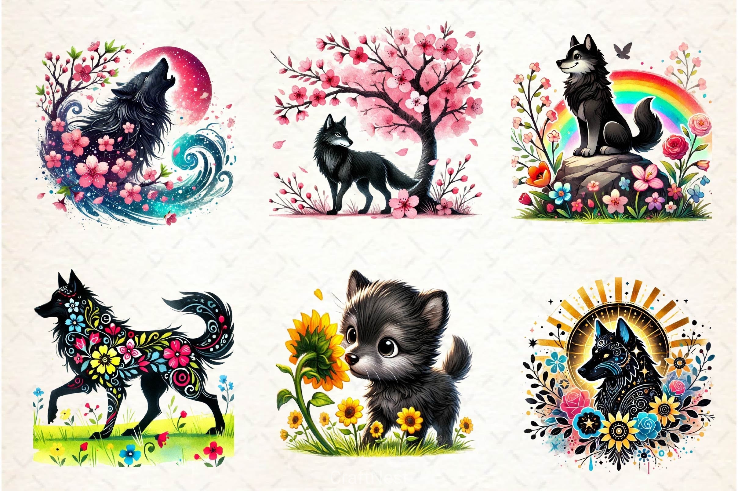 Spring Black Wolf Clipart Bundle 2