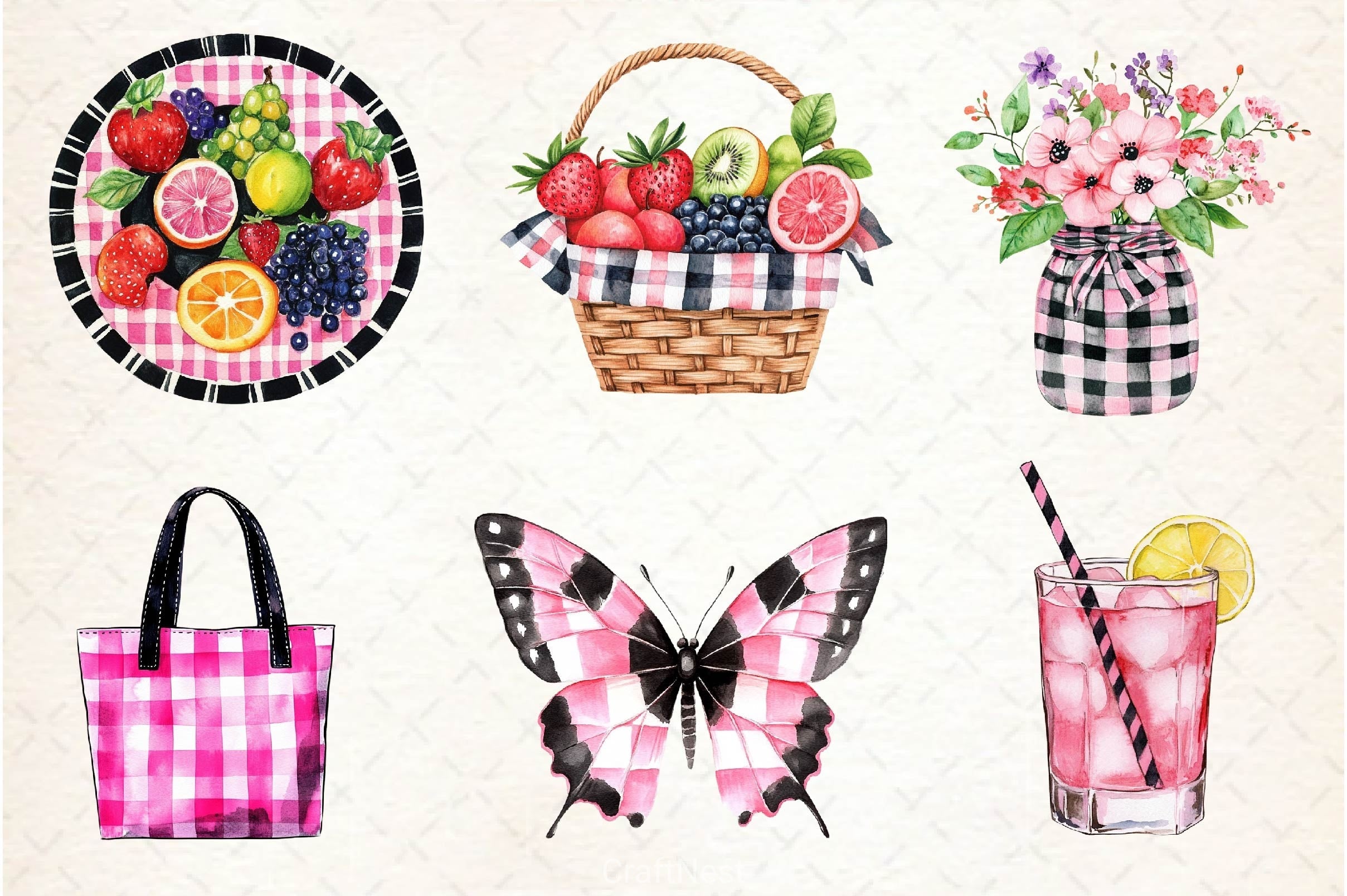Black And Pink Gingham Summer Clipart Bundle