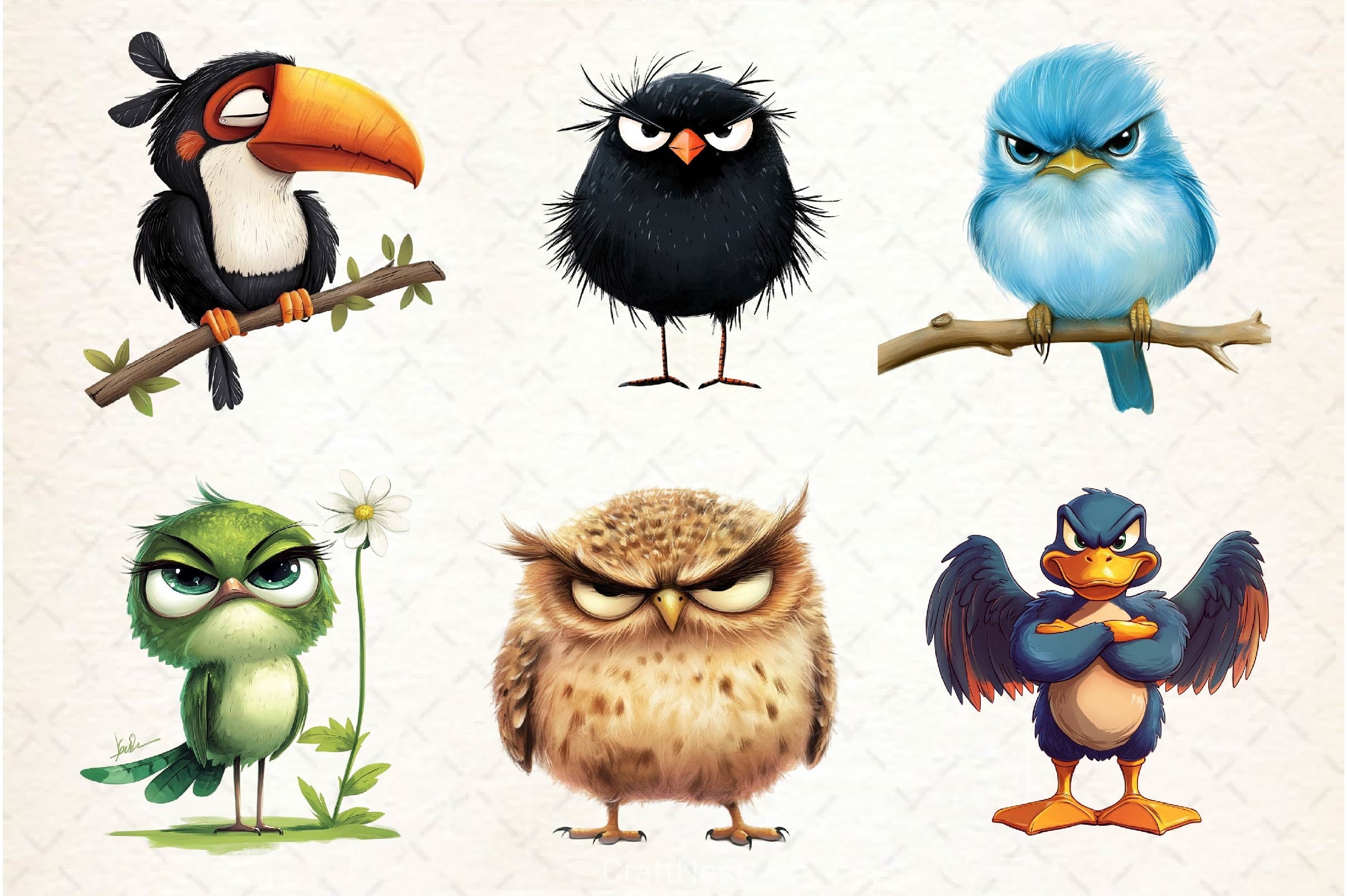 Funny Grumpy Birds Clipart Bundle