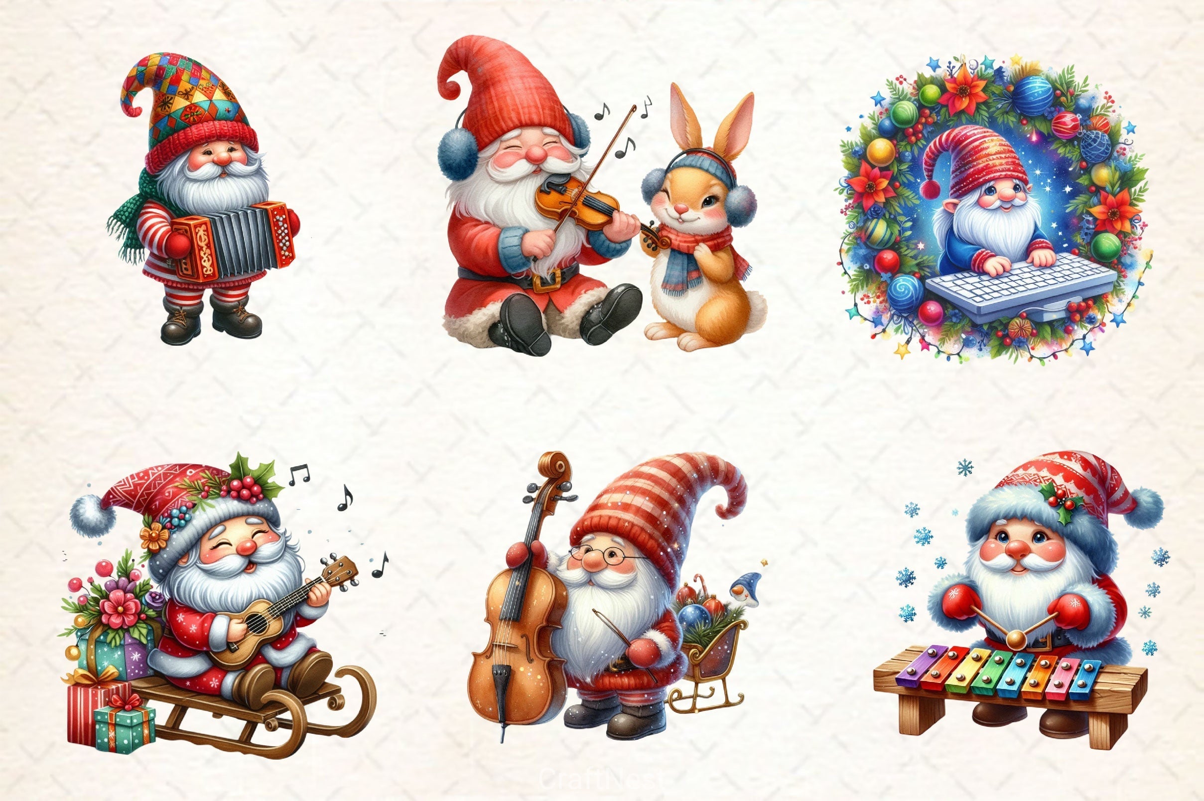 Christmas Gnome Musicians Clipart Bundle 2