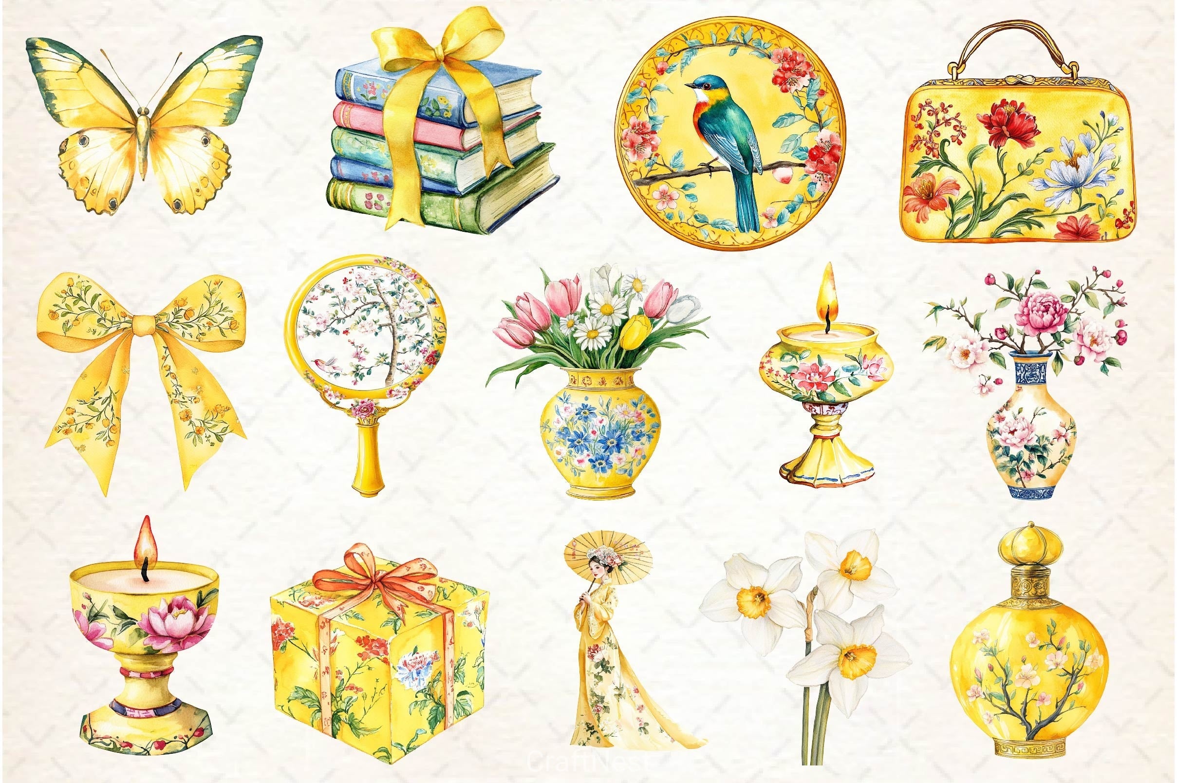 Yellow Chinoiserie Mothers Day Clipart Bundle 2