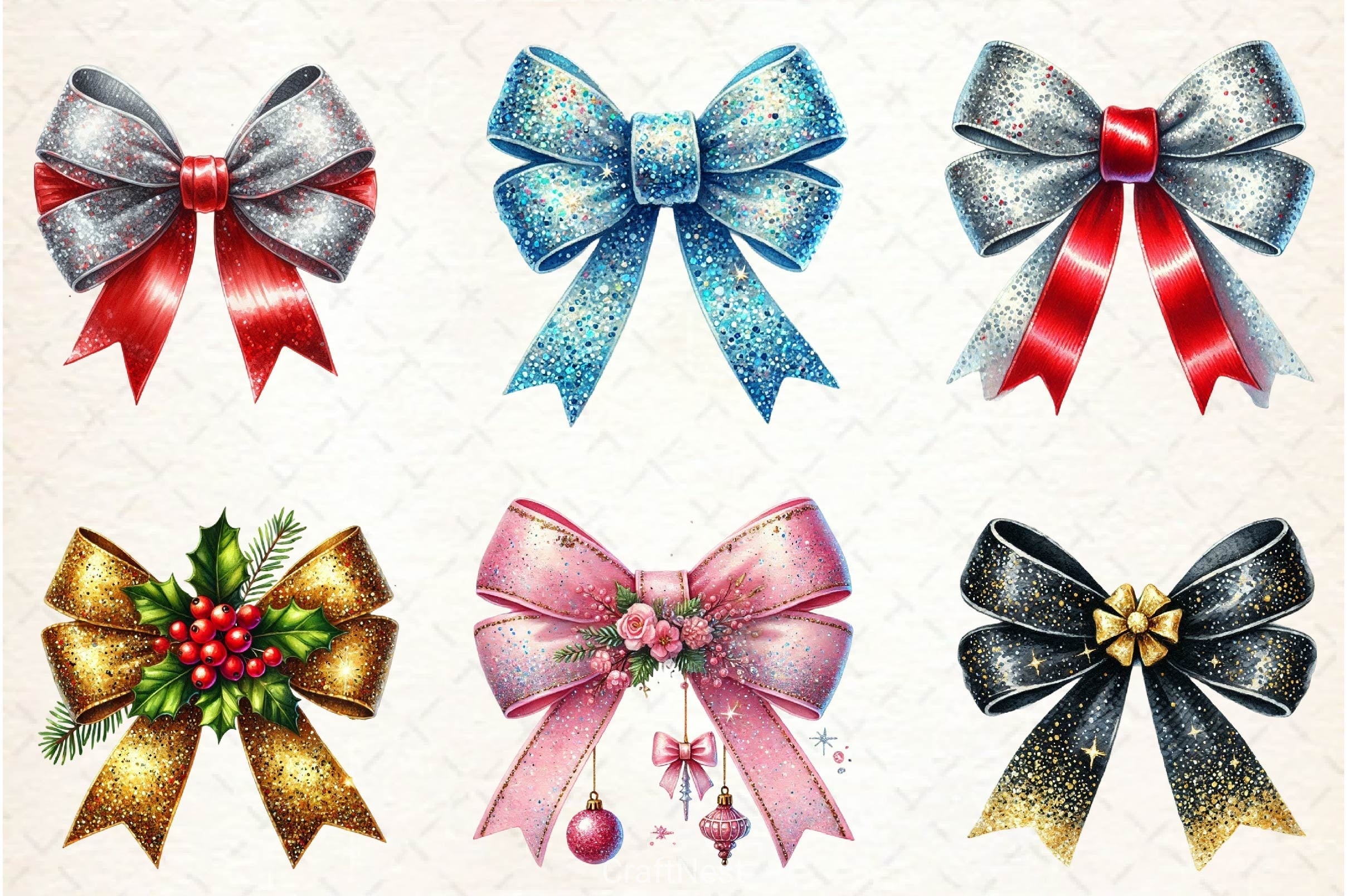 Glitter Coquette Christmas Bow Clipart Bundle