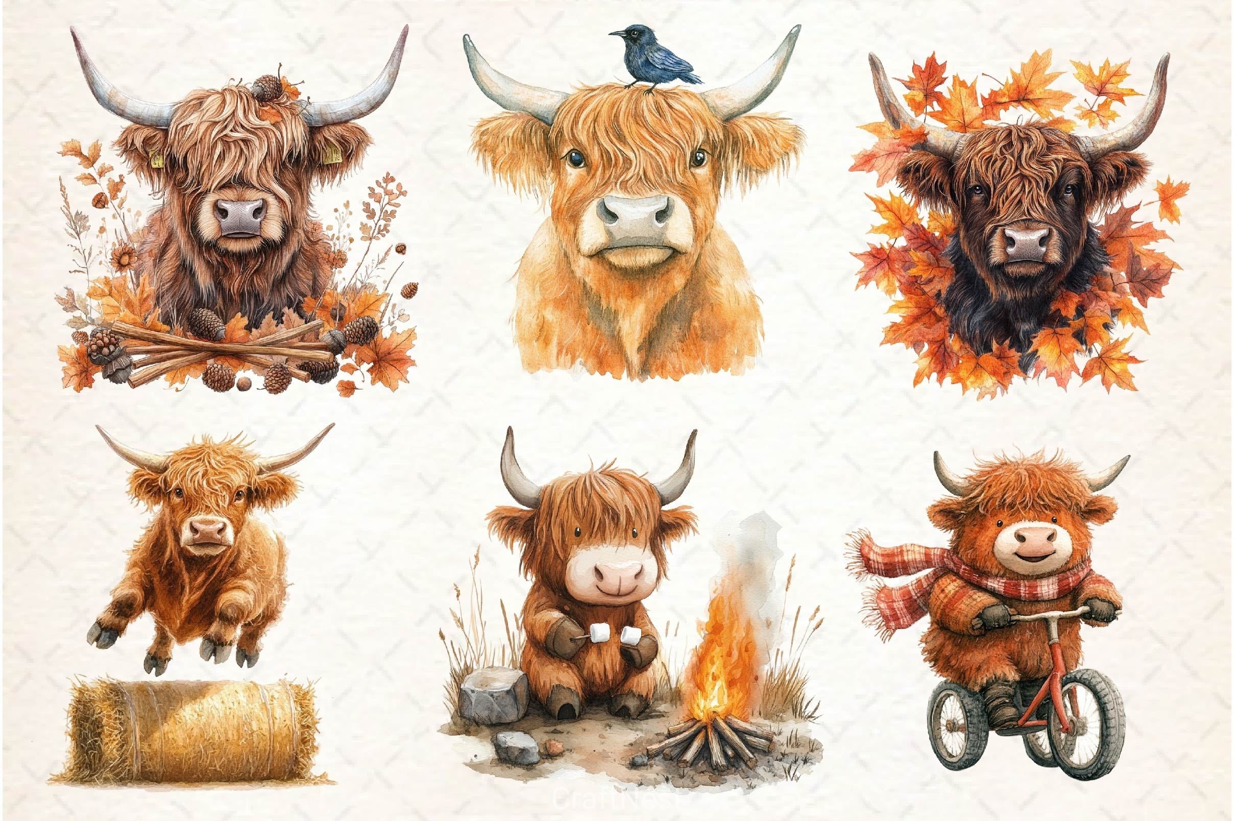 Autumn Funny Highland Cow Clipart Bundle