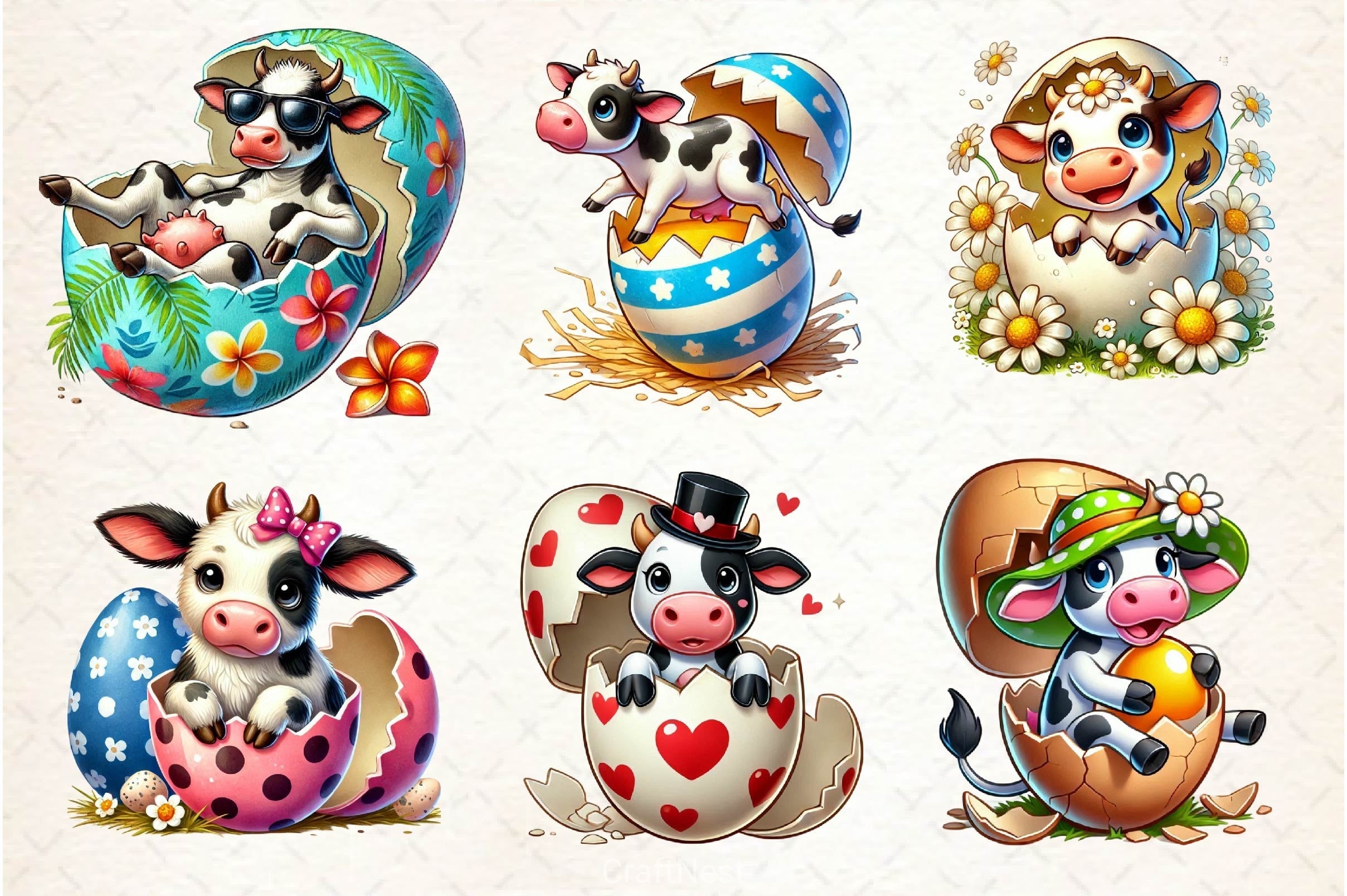 Easter Cow On Cracked Egg Clipart Bundle 2