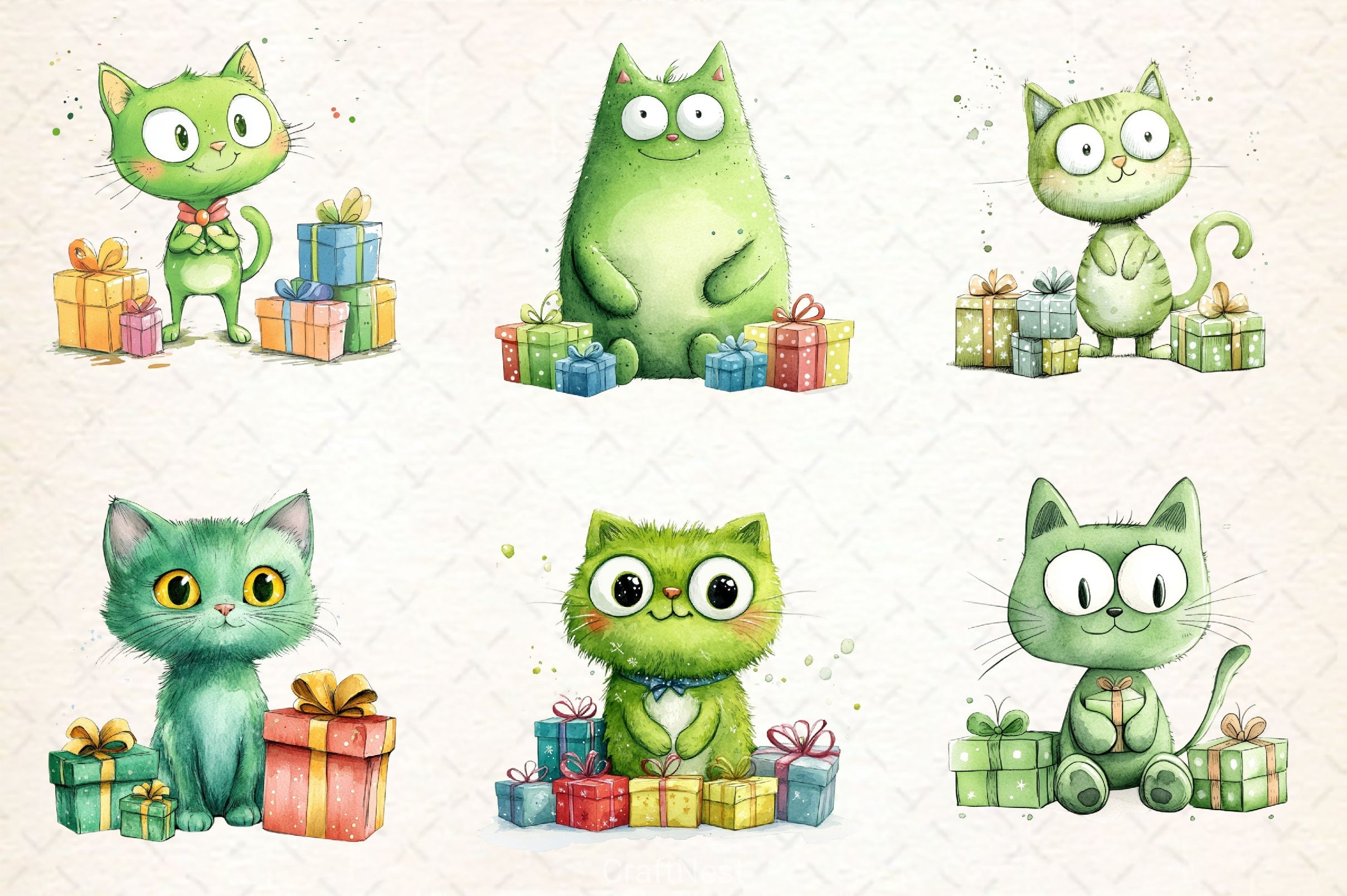 Cute Green Christmas Cat Clipart Bundle 2