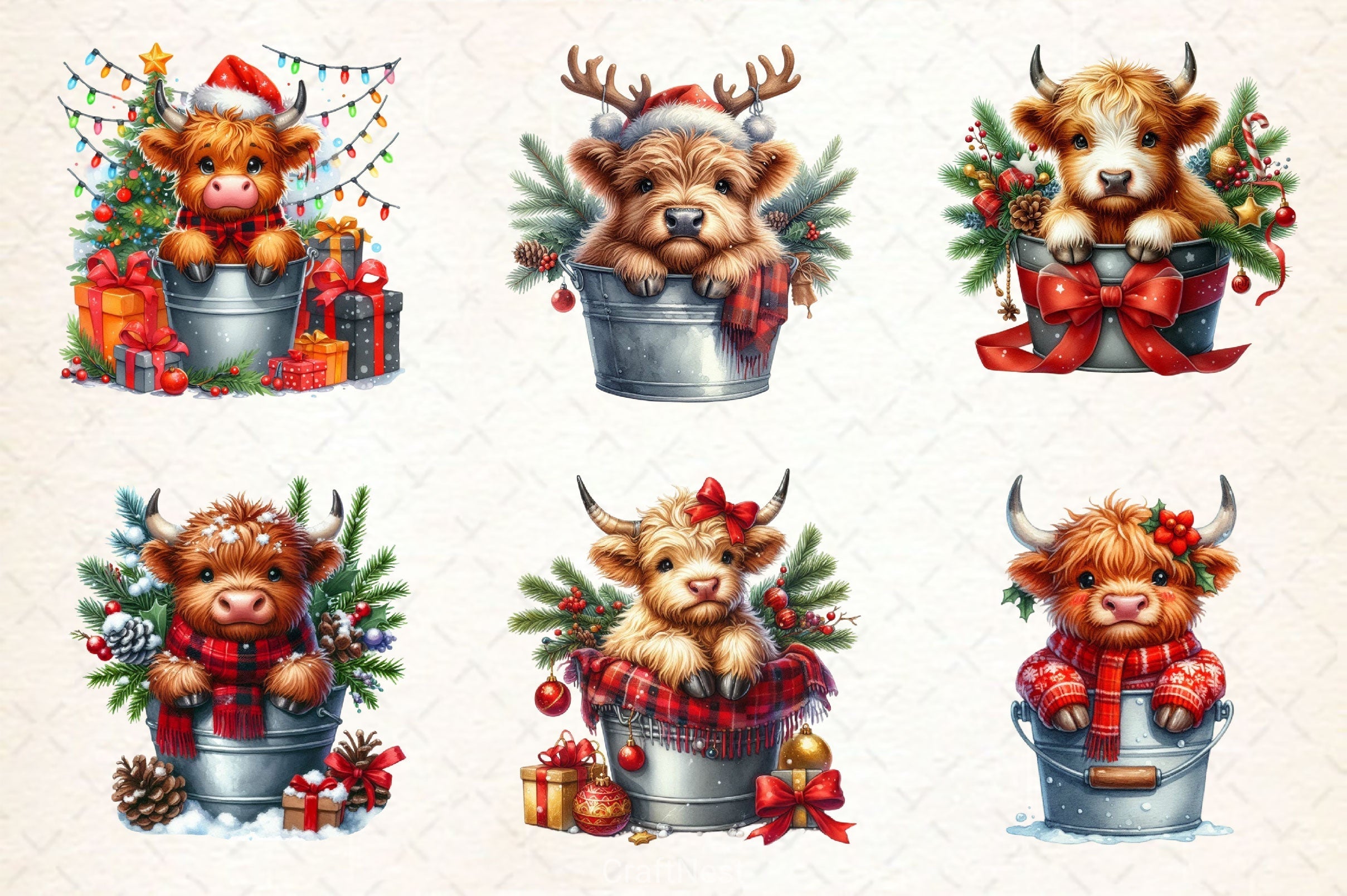 Christmas Highland Cows In Bucket Clipart Bundle