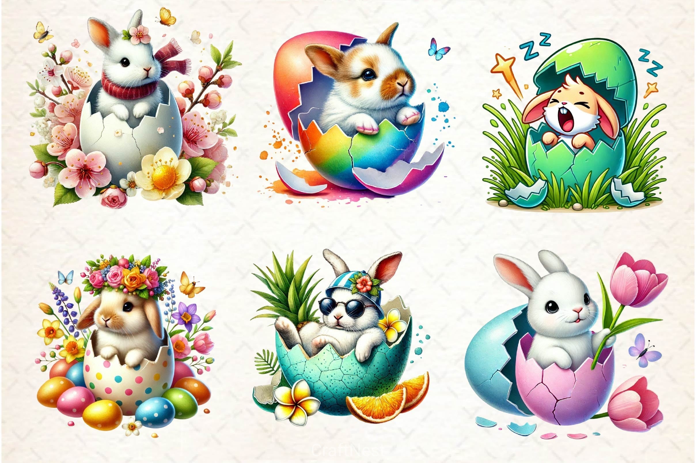 Easter Bunny On Cracked Egg Clipart Bundle
