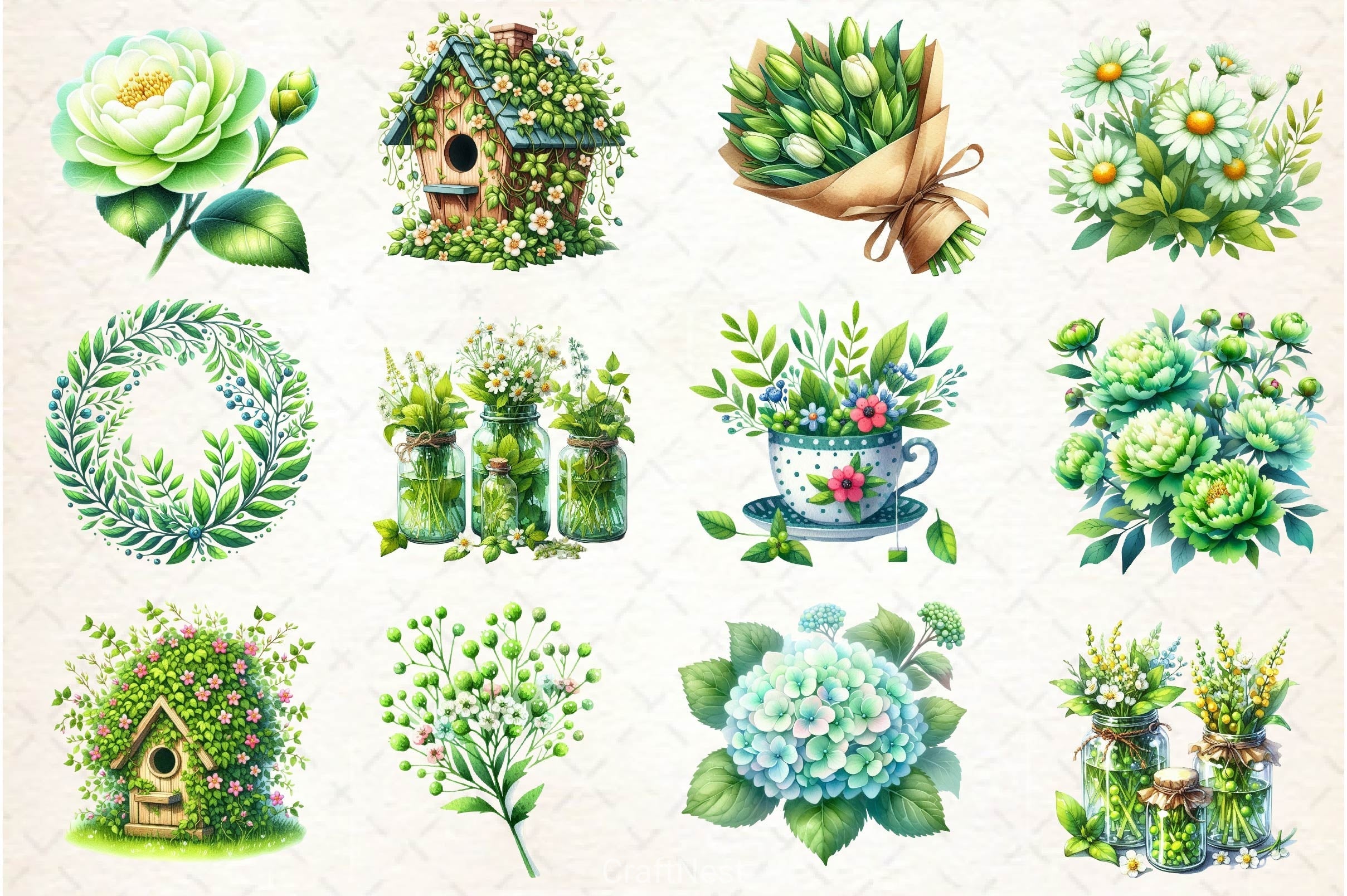 Green Blossom Spring Clipart Bundle 2