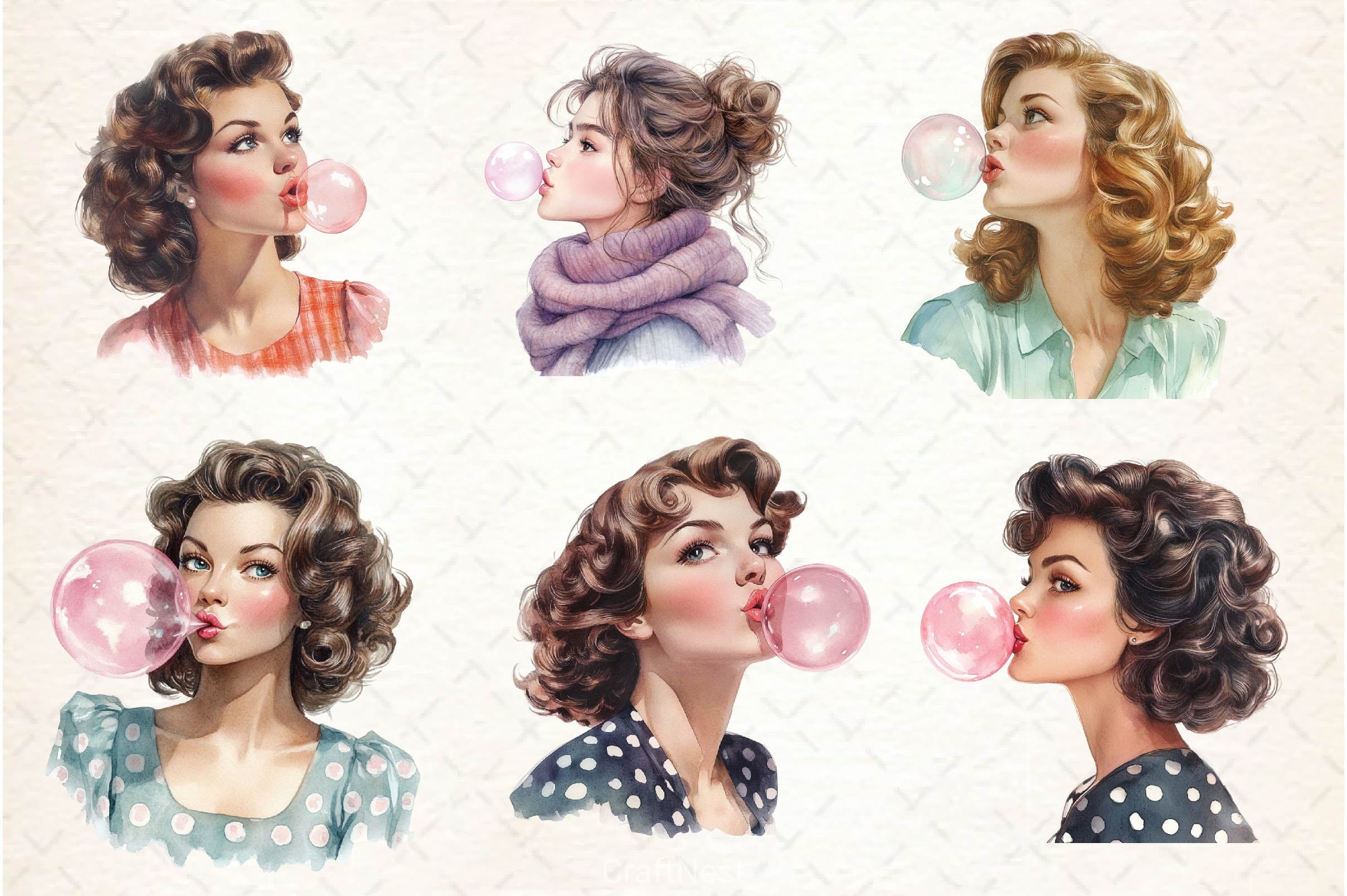 Retro Girl Blowing A Bubblegum Clipart Bundle 2