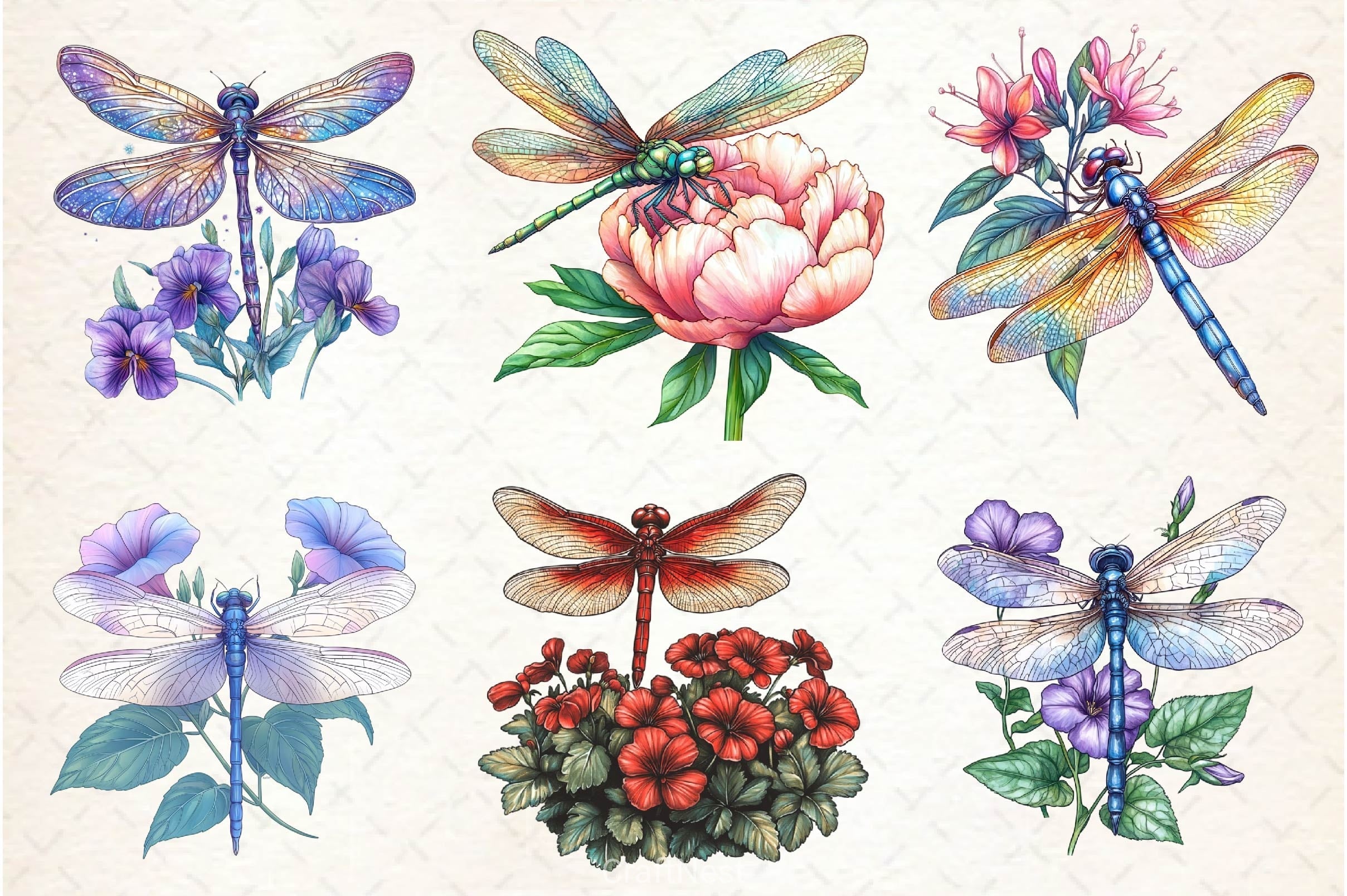 Dragonfly And Flowers Tattoo Clipart Bundle