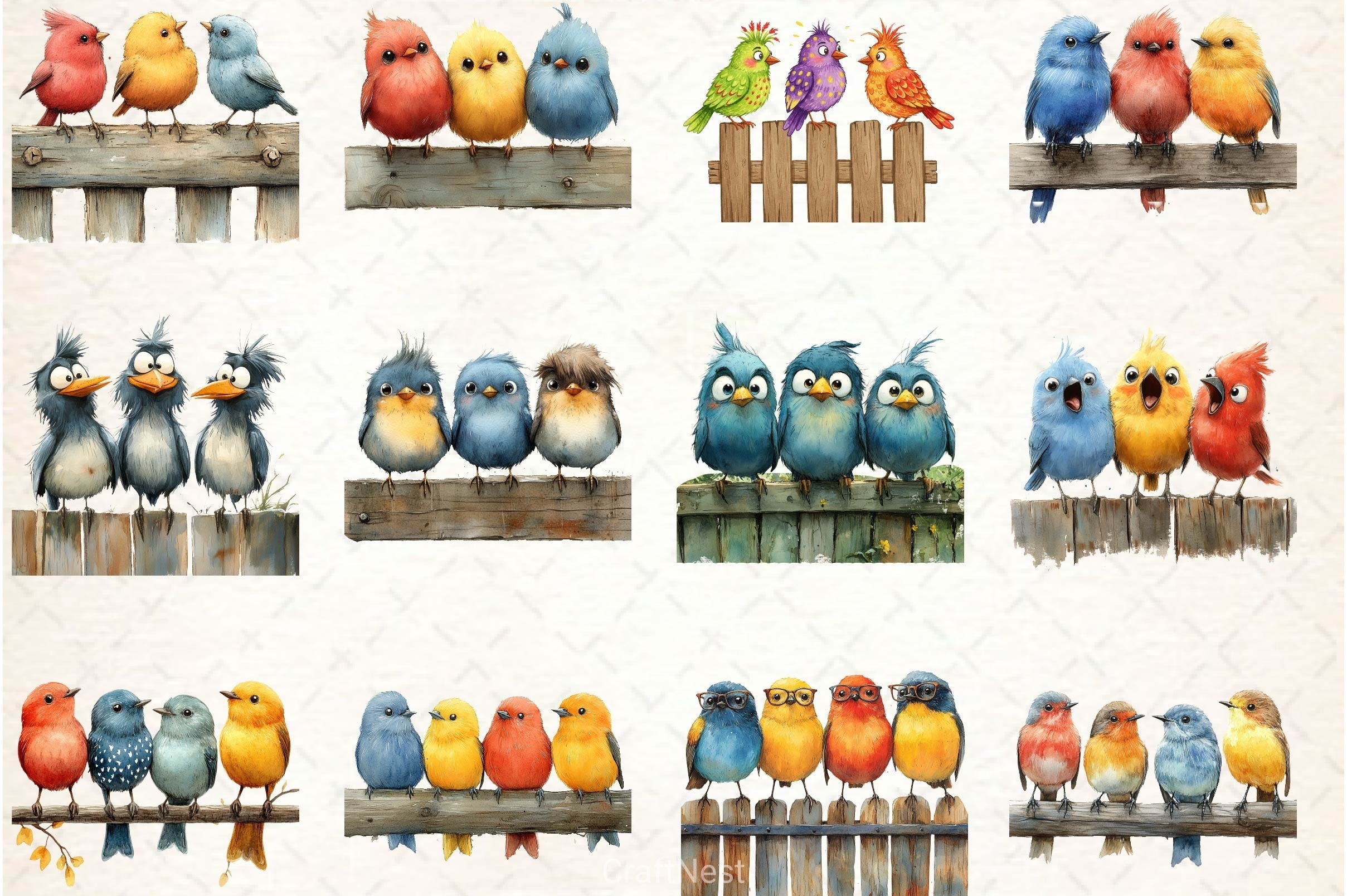 Quirky Birds On Fence Clipart Bundle