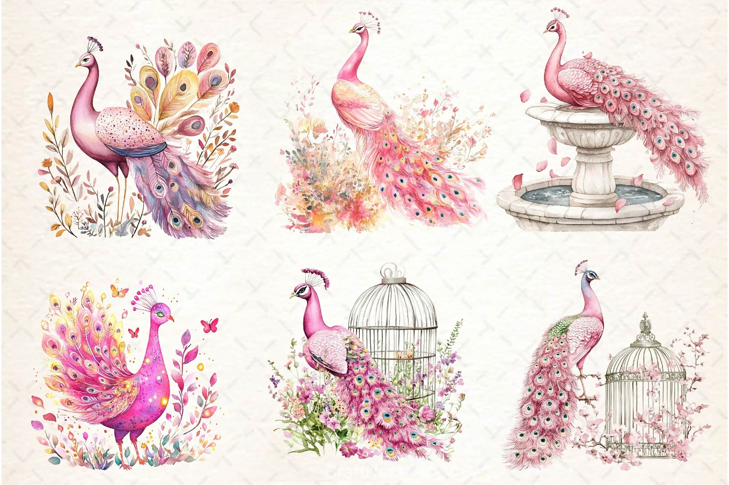 Pink Peacocks Garden Clipart Bundle 2
