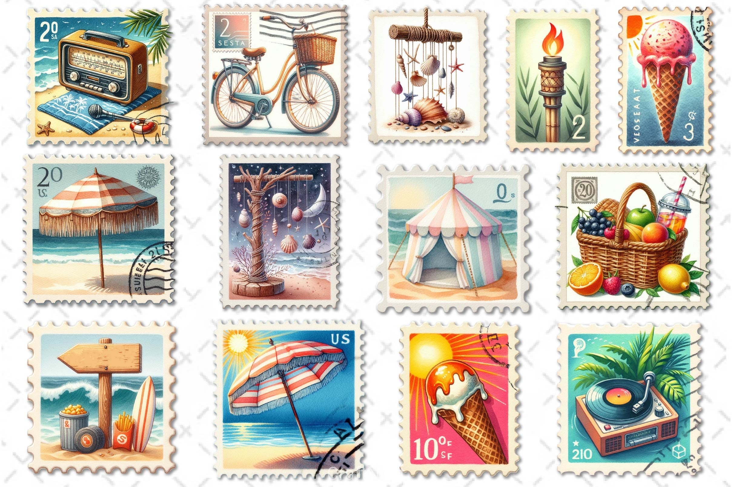 Summer Beach Postage Stamp Clipart Bundle