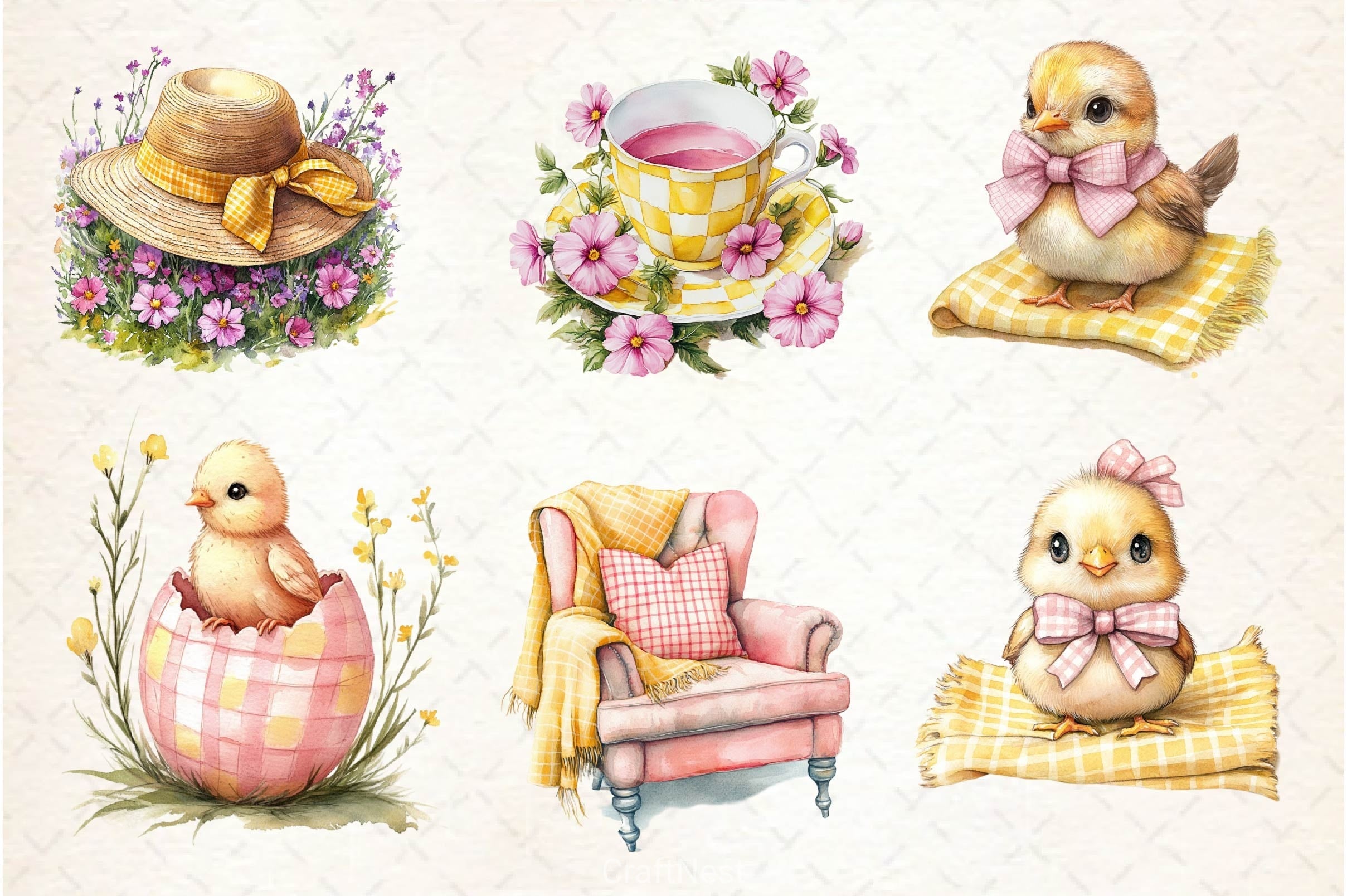 Yellow & Pink Gingham Spring Clipart Bundle