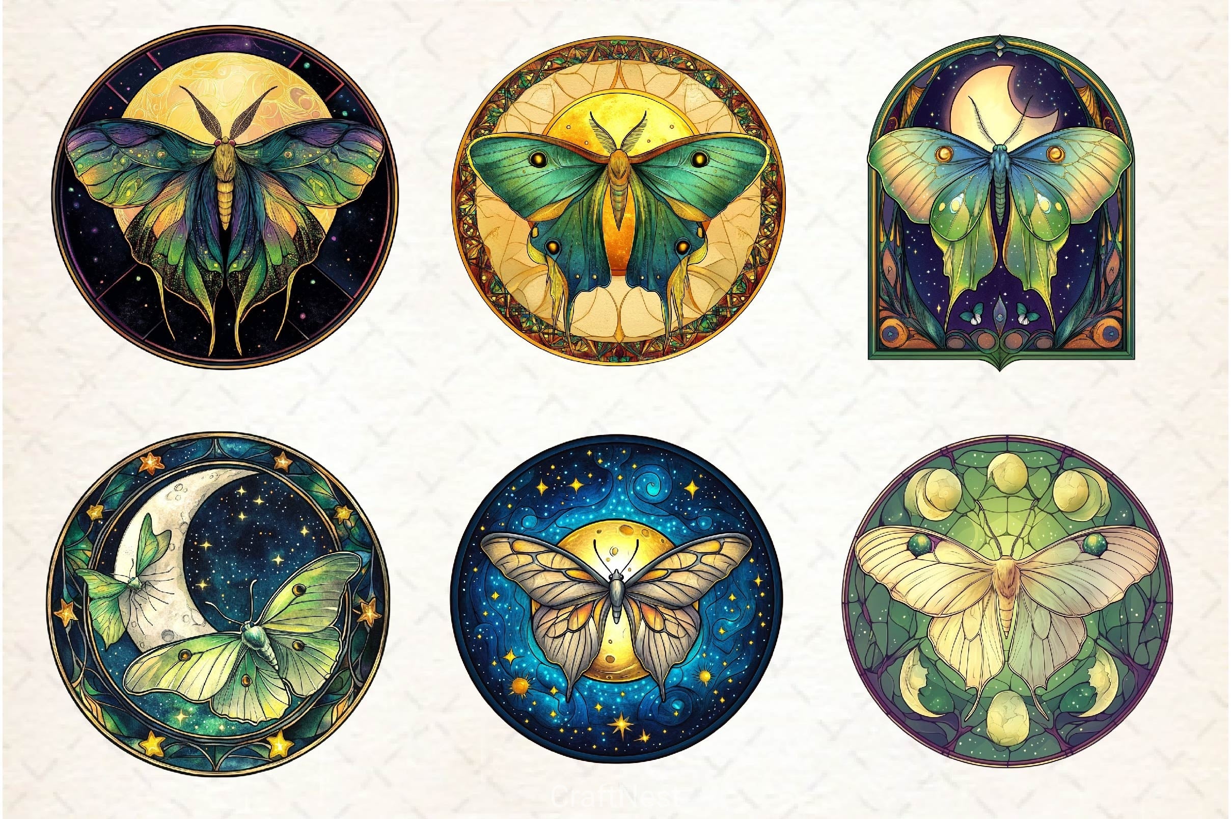 Lunar Moth And Moon Round Stained Glass Clipart Bundle 2