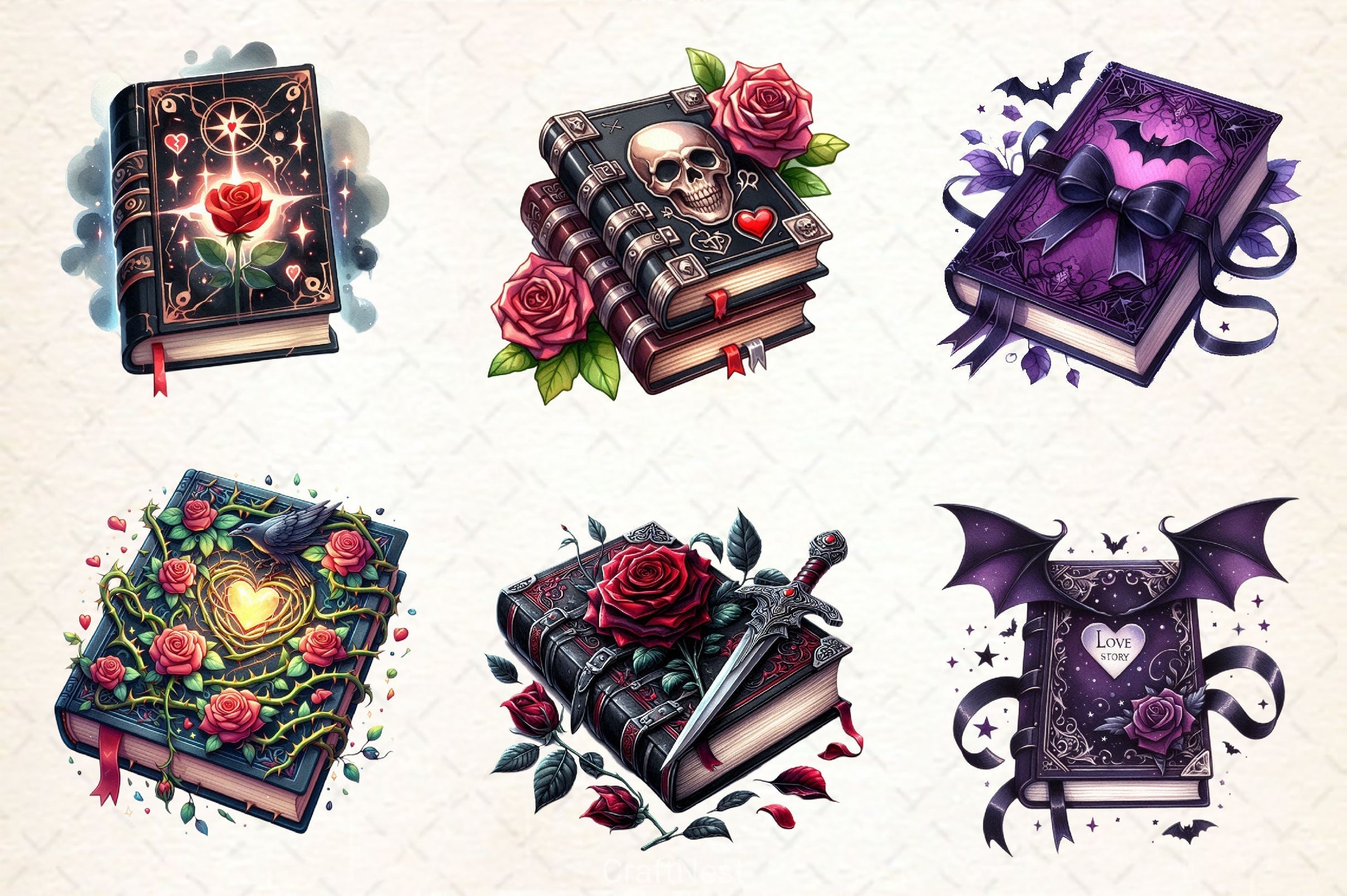 Gothic Valentine's Day Books Clipart Bundle 1