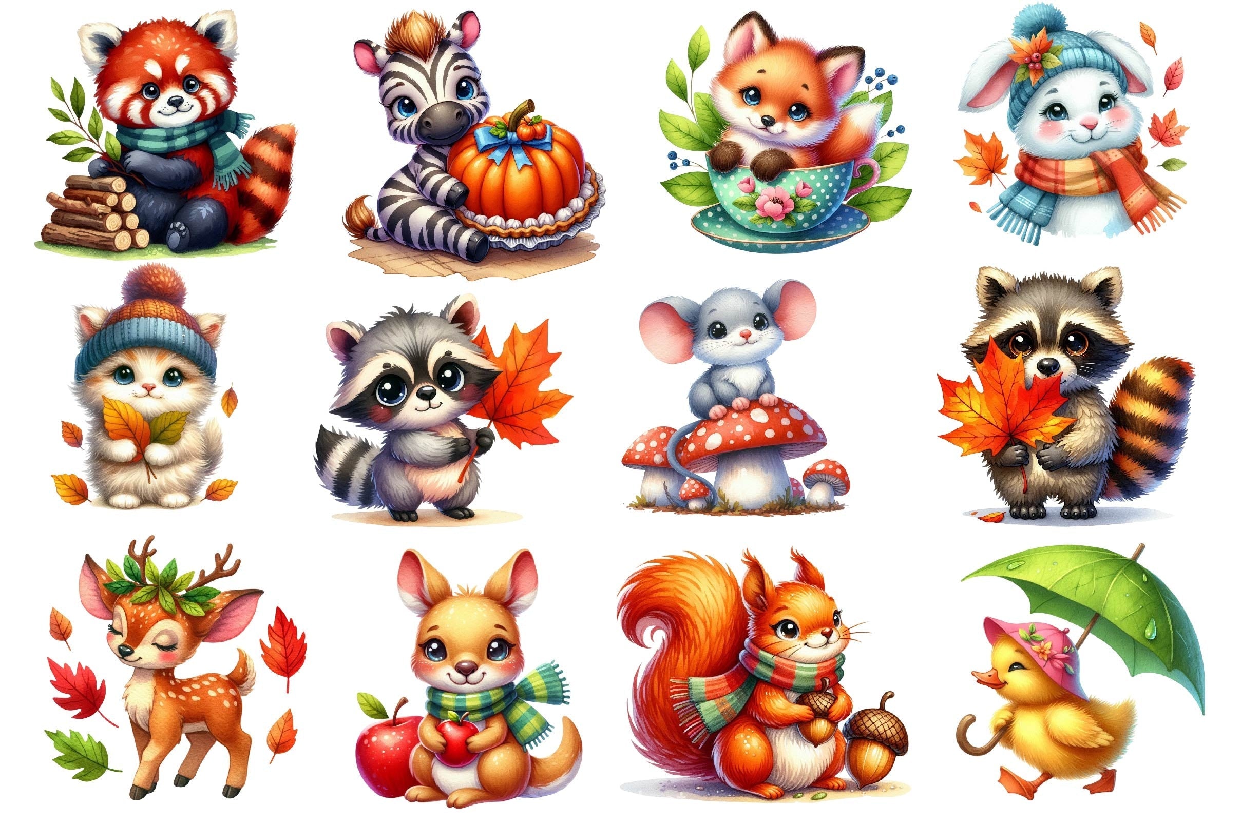 Autumn Cute Animals Clipart Bundle