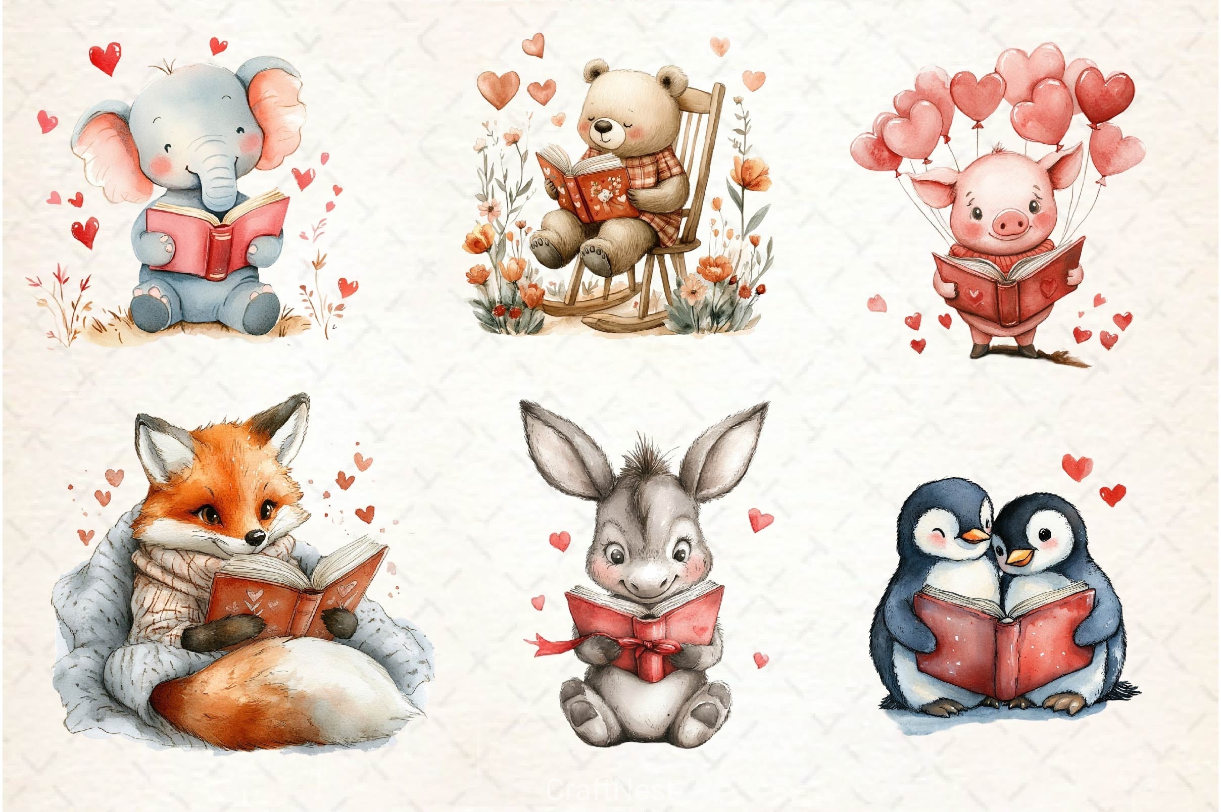 Valentines Animals Love Reading Clipart Bundle
