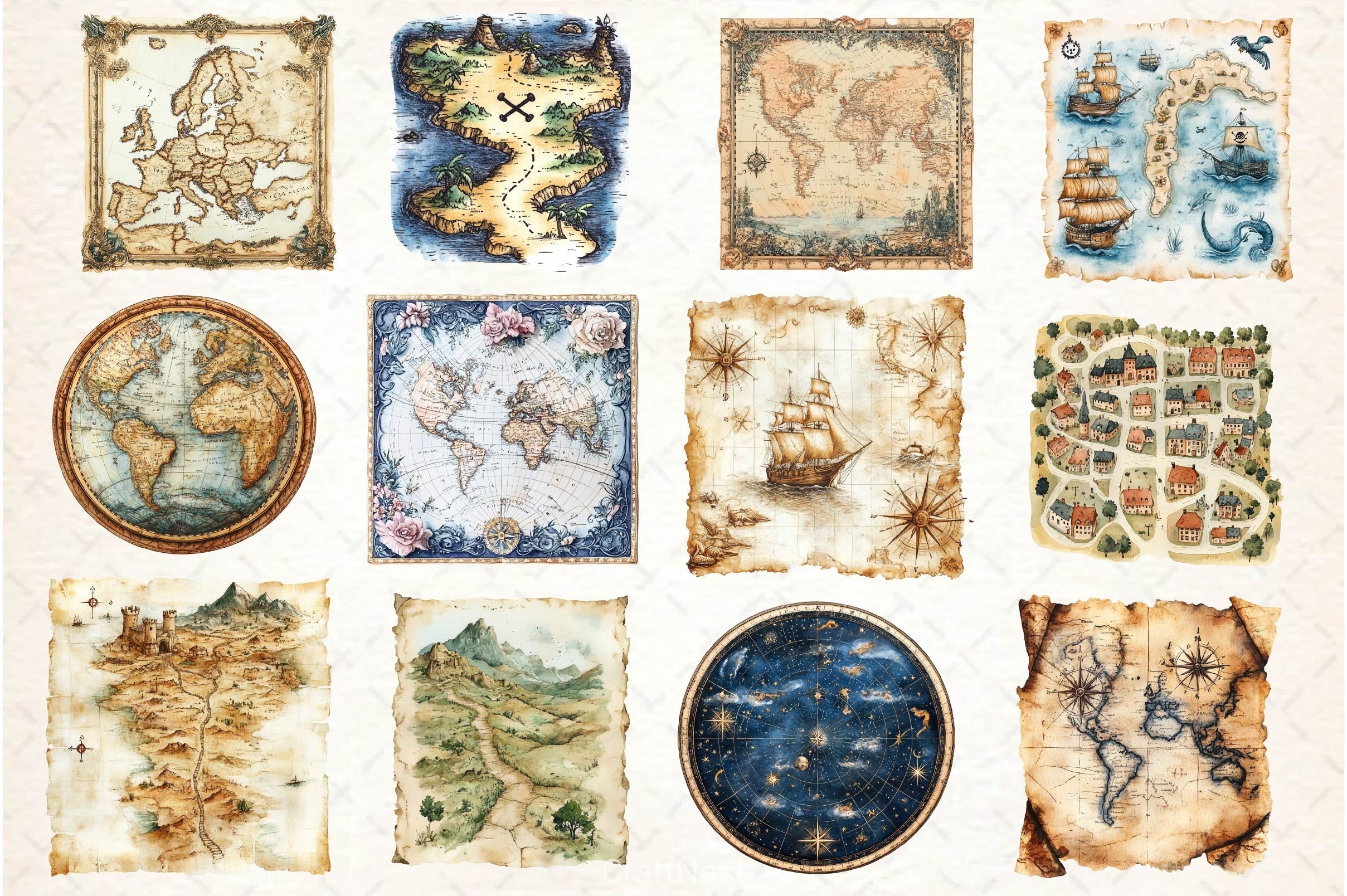 Old Maps Designs Clipart Bundle 2