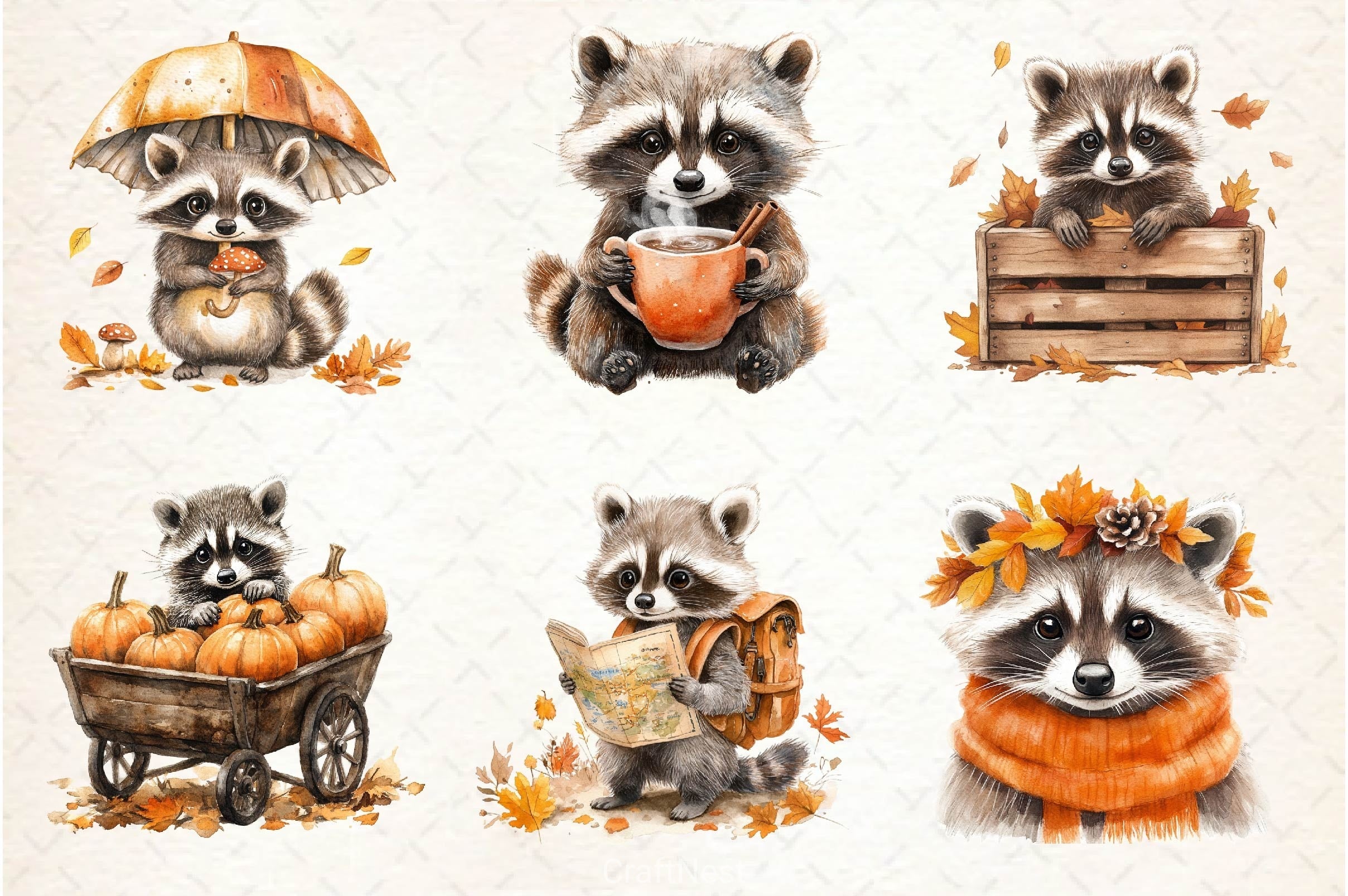 Autumn Raccoons Clipart Bundle 3
