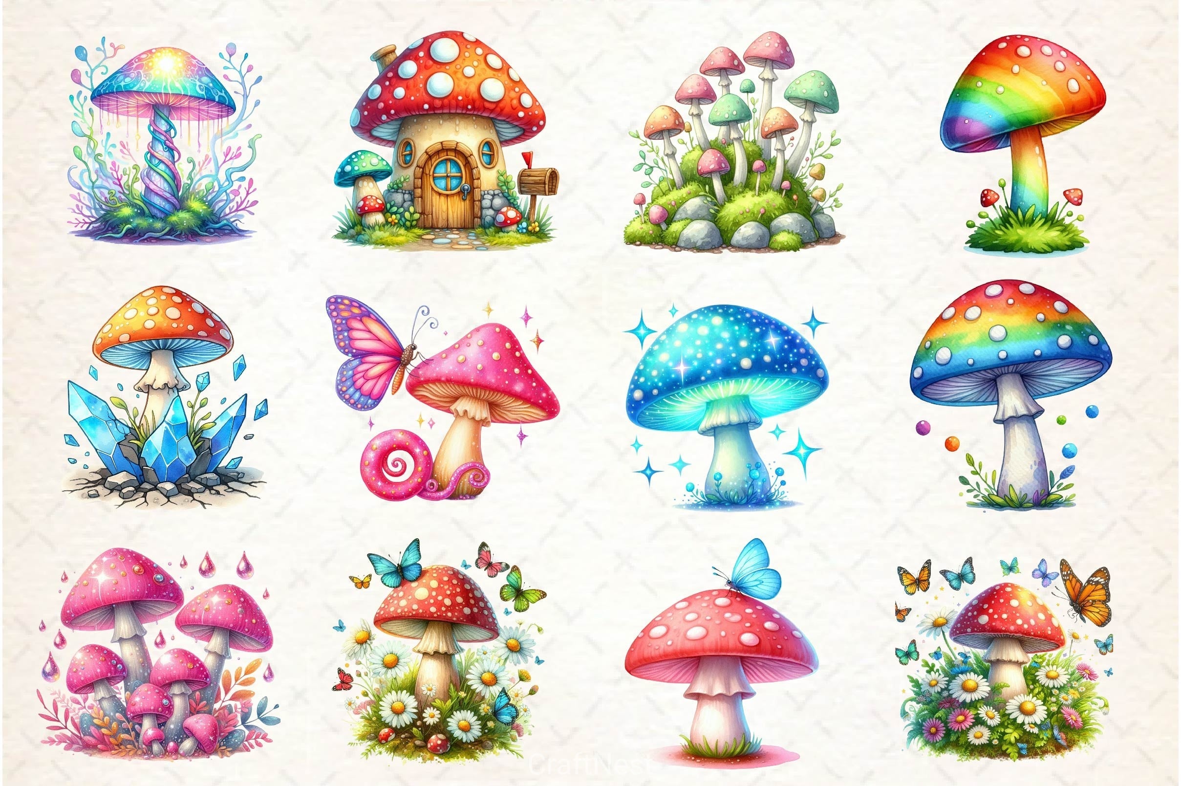 Spring Magical Mushrooms Clipart Bundle 2