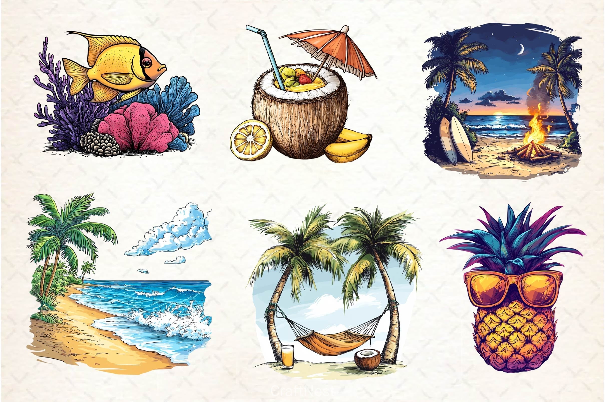 Tropical Summer Vacation Beach Clipart Bundle