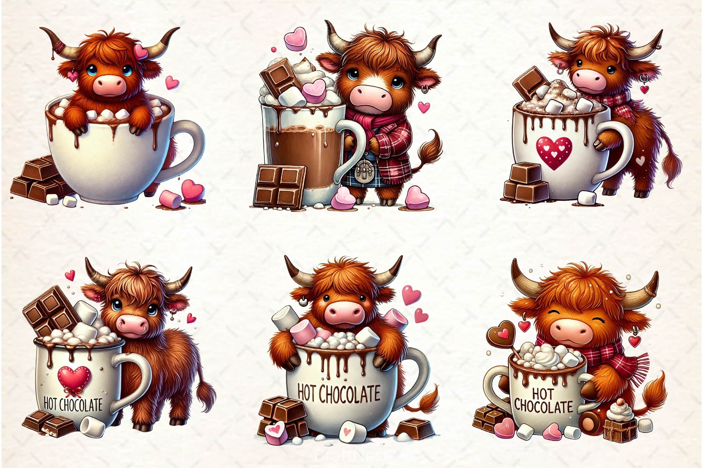 Valentines Highland Cow Chocolate Clipart Bundle