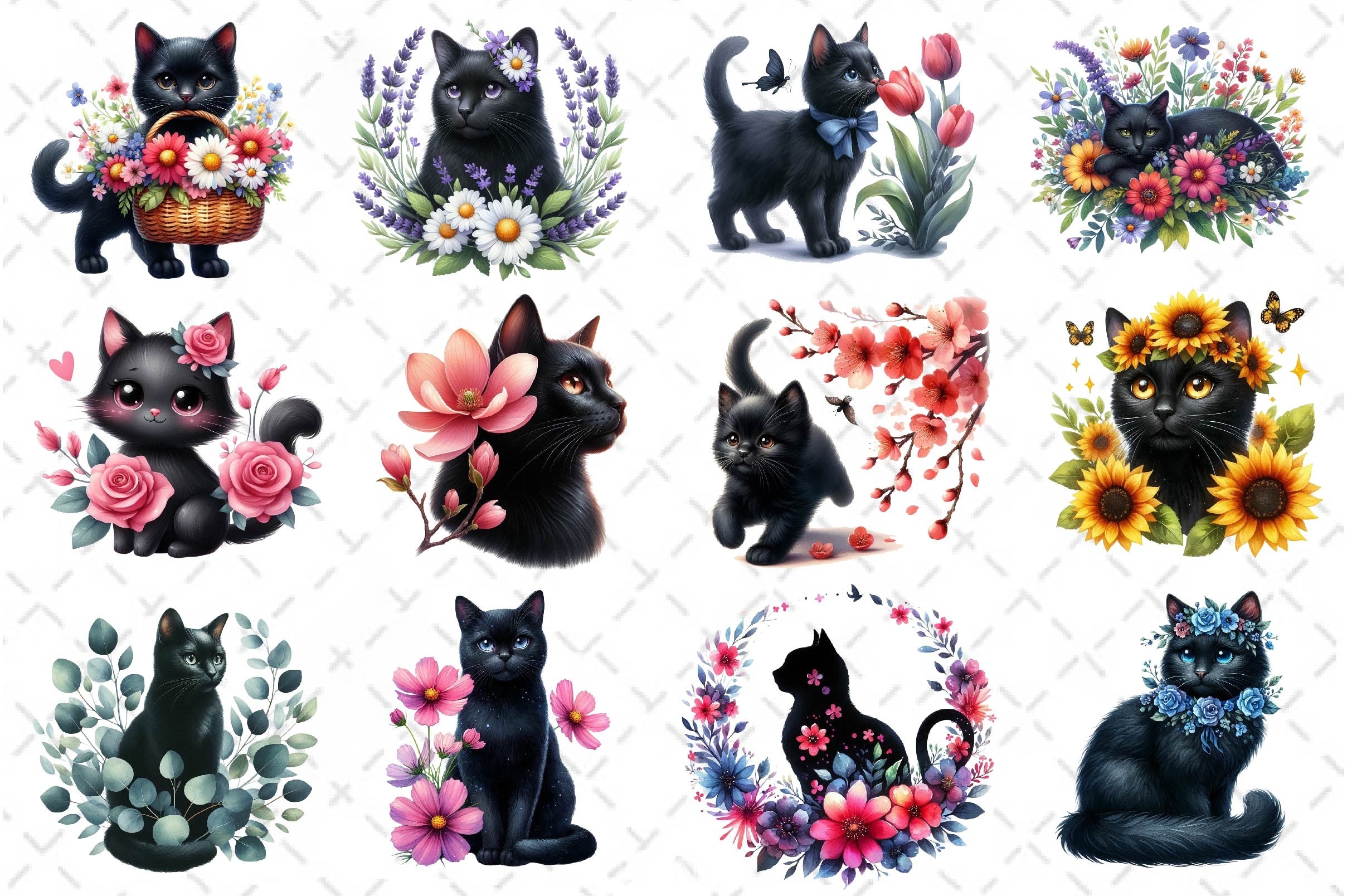 Floral Black Cat Clipart Bundle