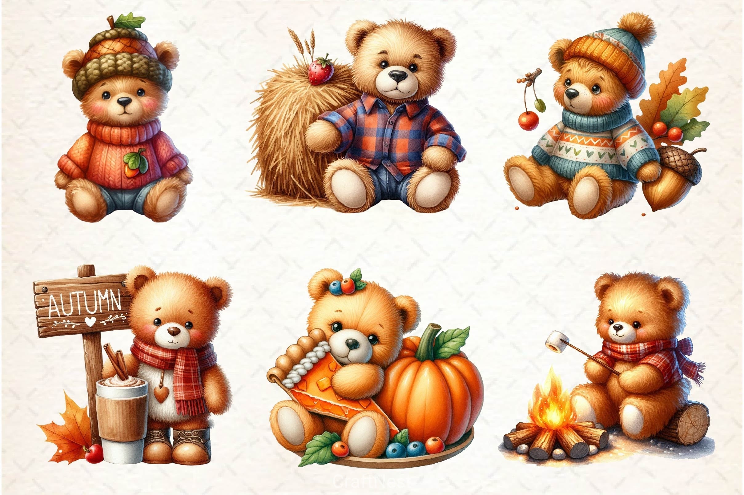 Autumn Teddy Bear Clipart Bundle 2