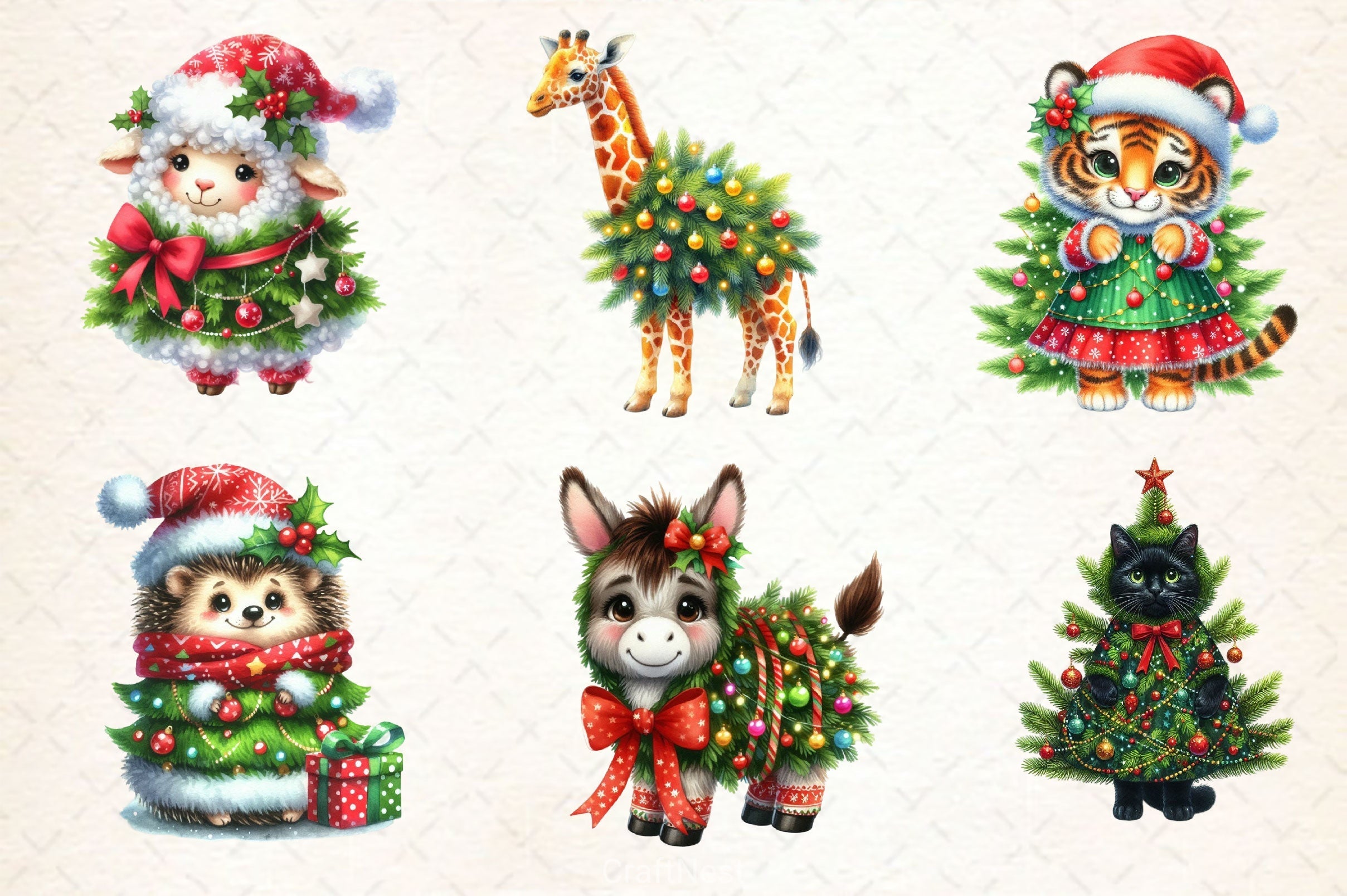 Animal Wrapped In Christmas Tree Clipart Bundle