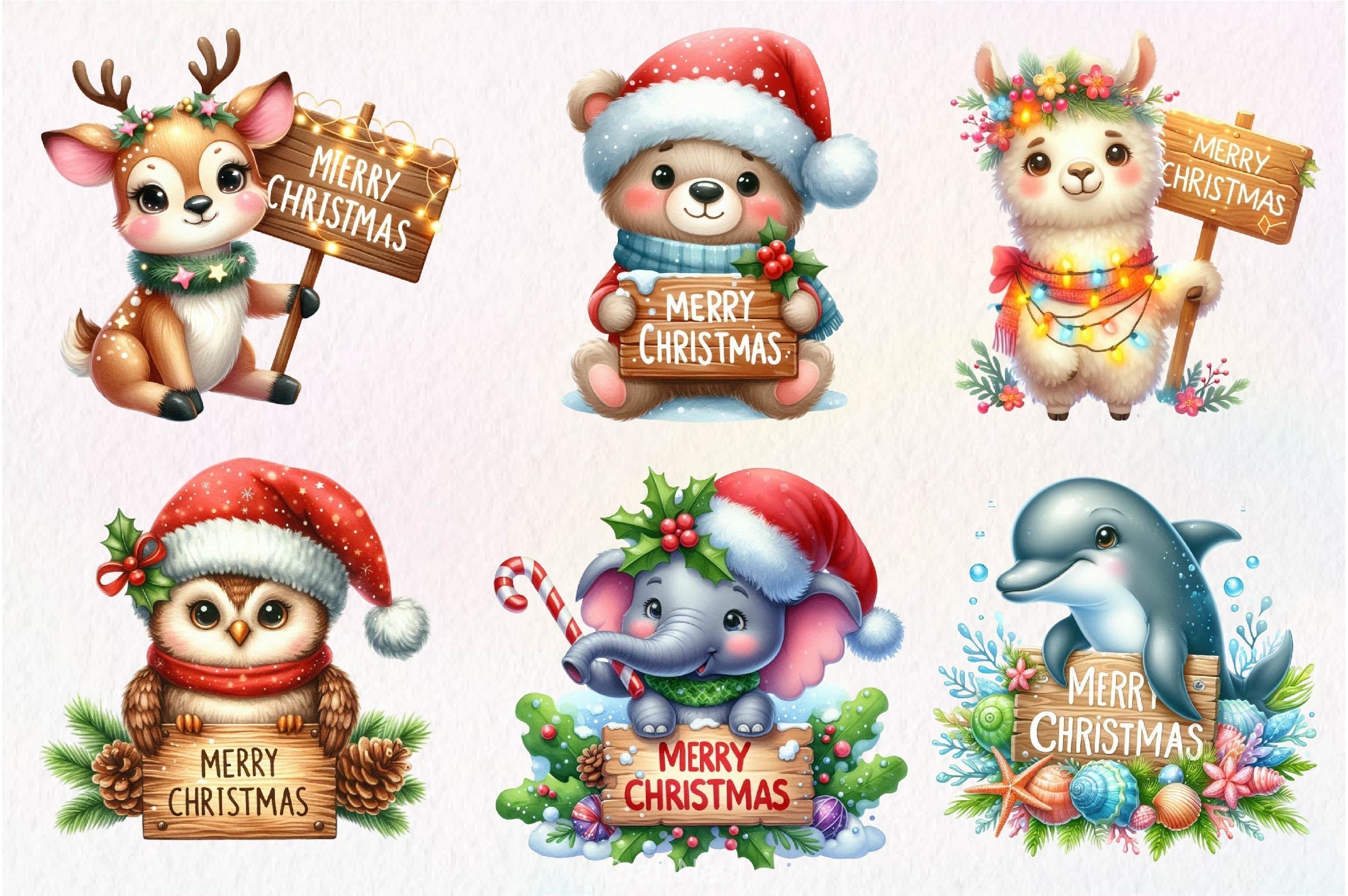 Merry Christmas Animals Clipart Bundle