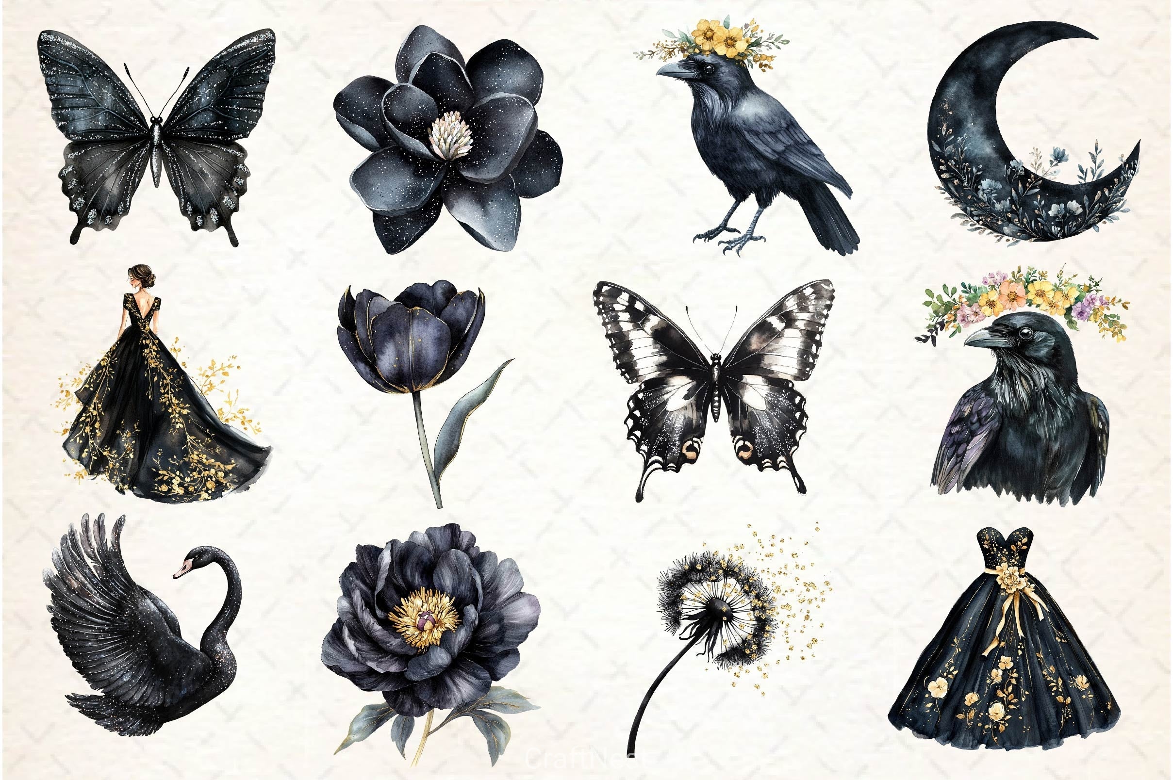 Glitter Luxury Black Spring Clipart Bundle 5