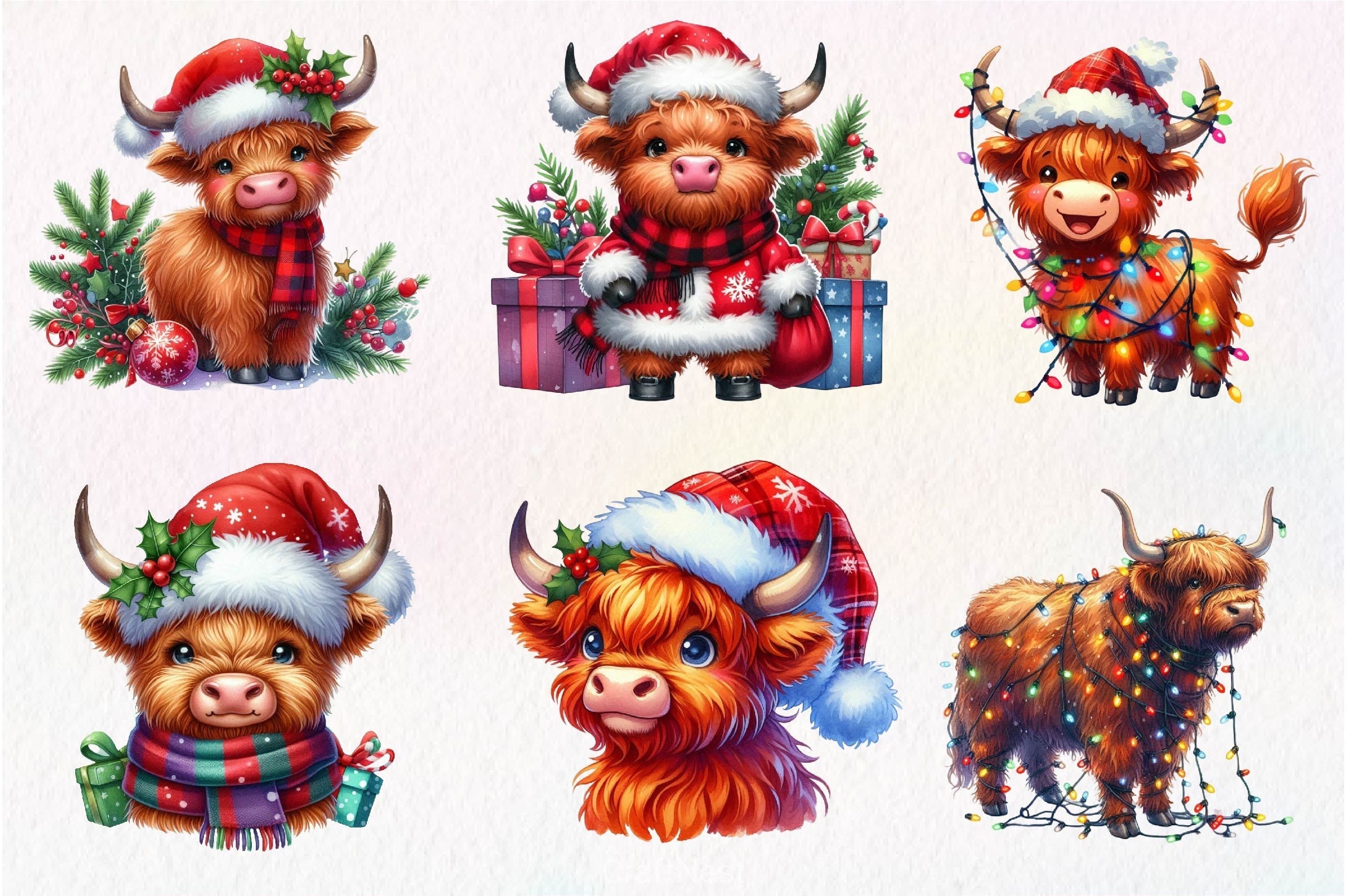 Cute Christmas Highland Cow Clipart Bundle 6